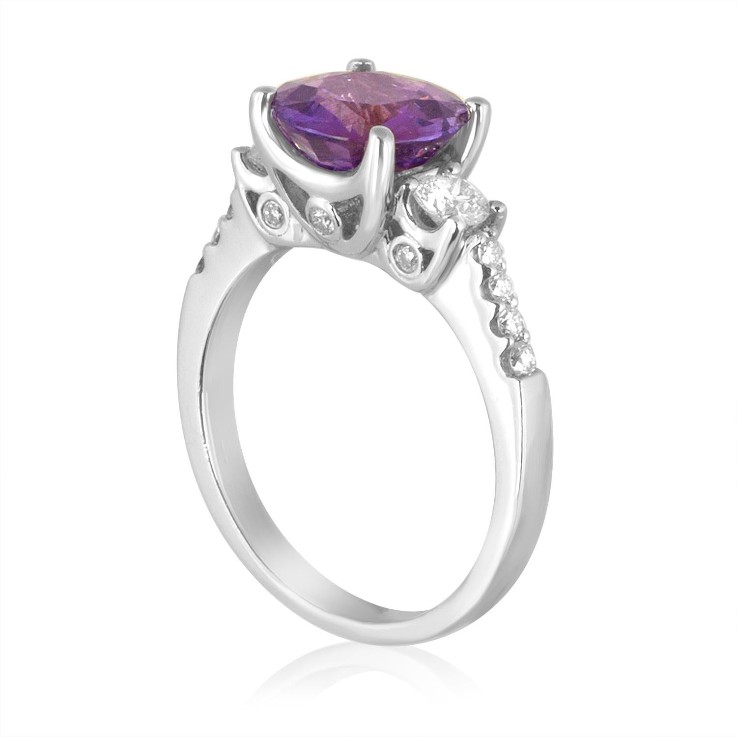 Beautiful Violet Purple Sapphire
The ring is 18K White Gold ring.
The center stone is 2.64 Carat Violetish Blue/Violet Sapphire
The Stone is Certified by LAPIS.
The stone is not heated and has natural color change.
The ring has 0.45 Ct in Diamonds