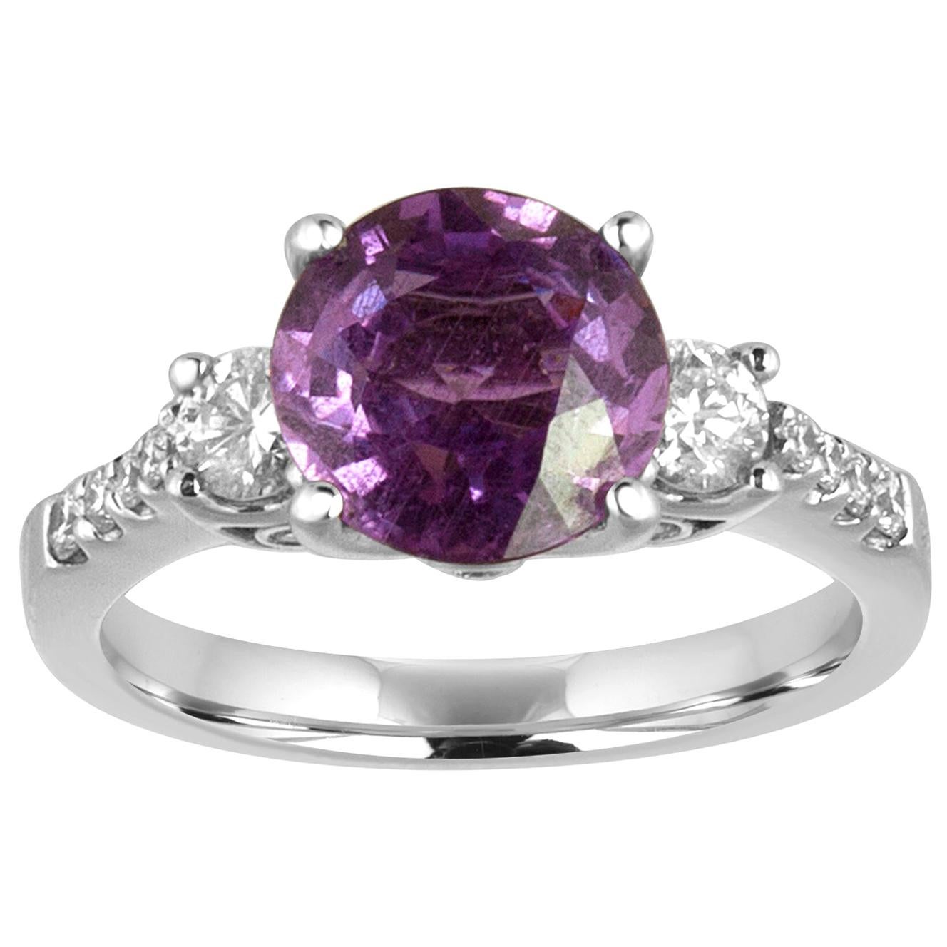 Certified No Heat 2.64 Carat Round Violet Sapphire Diamond Gold Ring