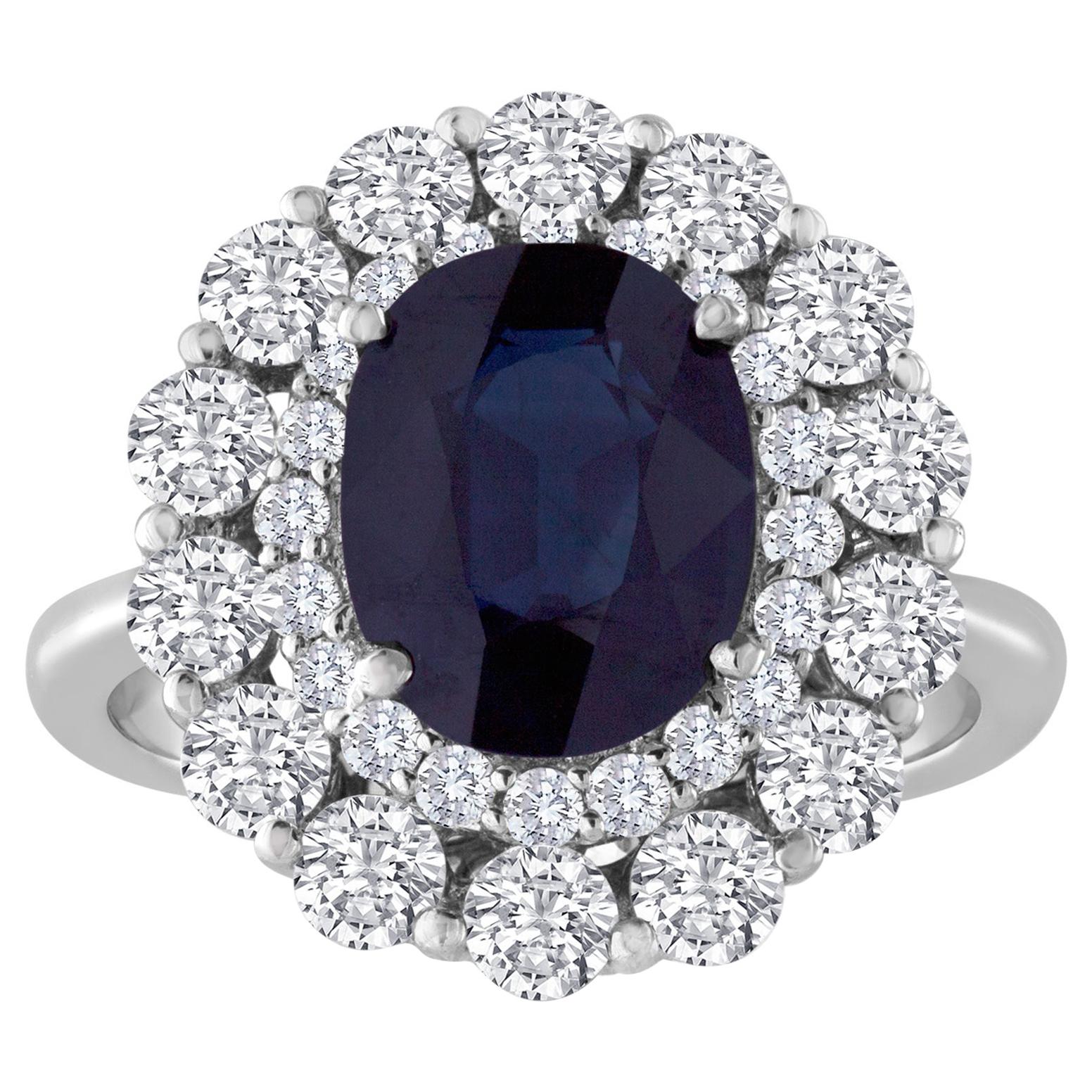 Certified No Heat 3.22 Carat Oval Blue Sapphire Diamond Gold Ring For Sale