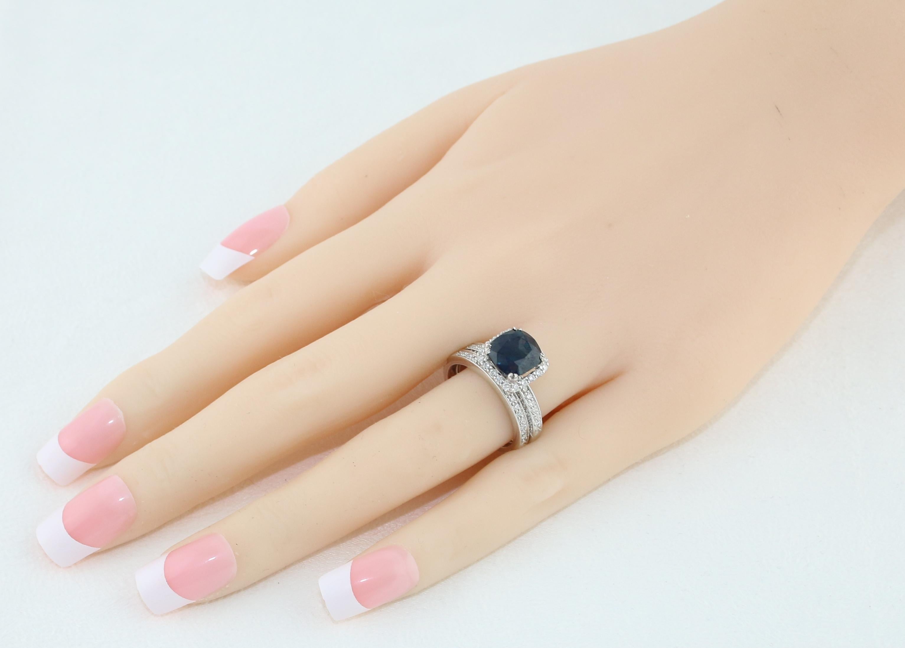 Contemporary Certified No Heat 4.22 Carat Cushion Blue Sapphire Diamond Gold Ring & Band Set For Sale