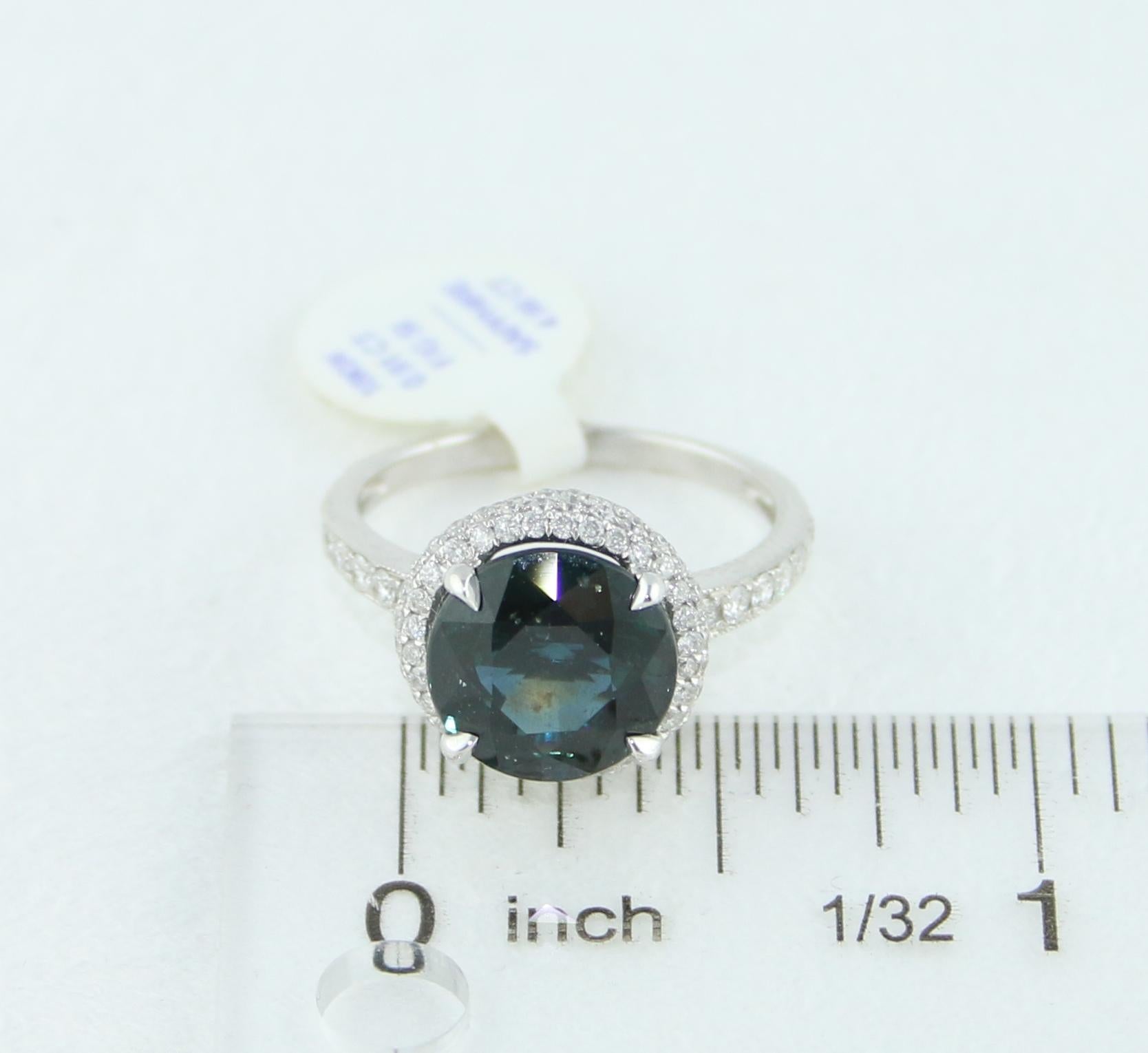 Certified No Heat 4.98 Carat Round Greenish Blue Teal Sapphire Diamond Gold Ring For Sale 3