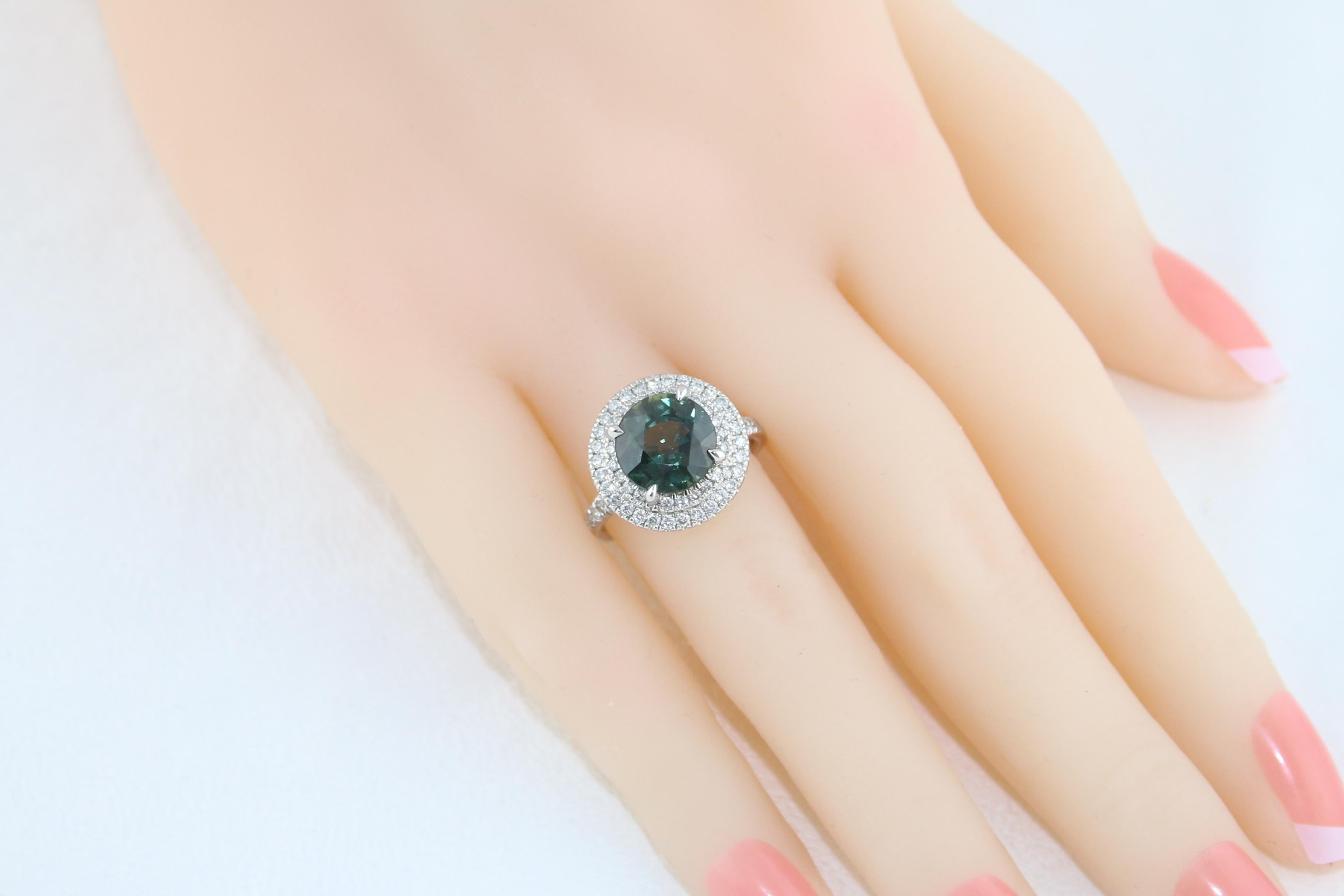 Certified No Heat 5.27 Carat Bluish Green Sapphire Double Halo Diamond Gold Ring For Sale 2