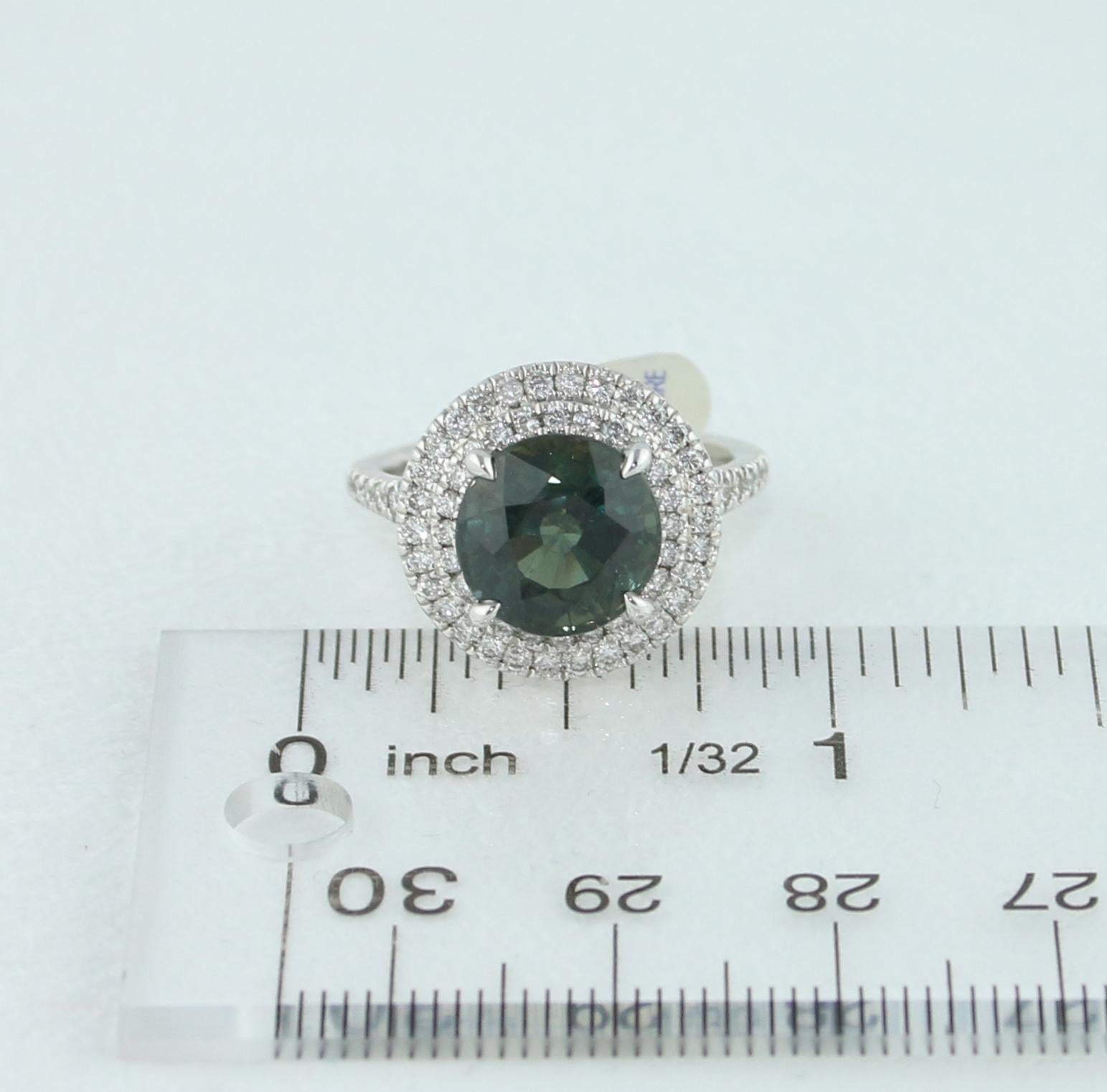 Certified No Heat 5.27 Carat Bluish Green Sapphire Double Halo Diamond Gold Ring For Sale 3