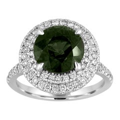 Bague en or avec double halo de diamants et saphir vert bleuté certifié sans chaleur de 5,27 carats