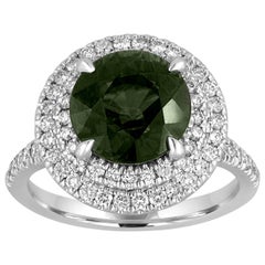 Certified No Heat 5.27 Carat Bluish Green Sapphire Double Halo Diamond Gold Ring