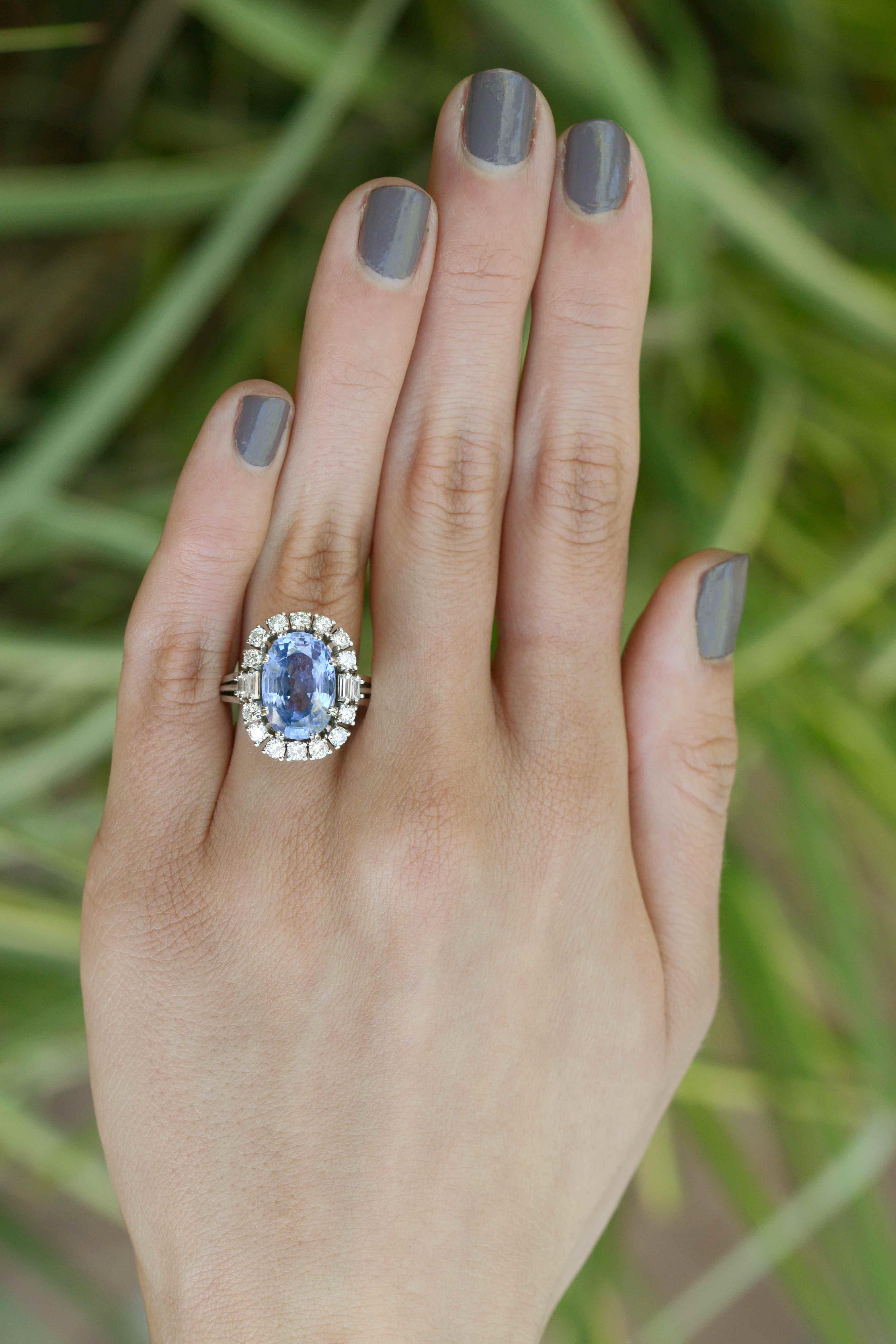 The San Francisco 7 carat Ceylon sapphire engagement ring is centered by a dreamy, velvety, cornflower blue sapphire certified as no heat by the American Gemological Laboratory. Yes, this vintage estate heirloom it has a pedigree and is destined for
