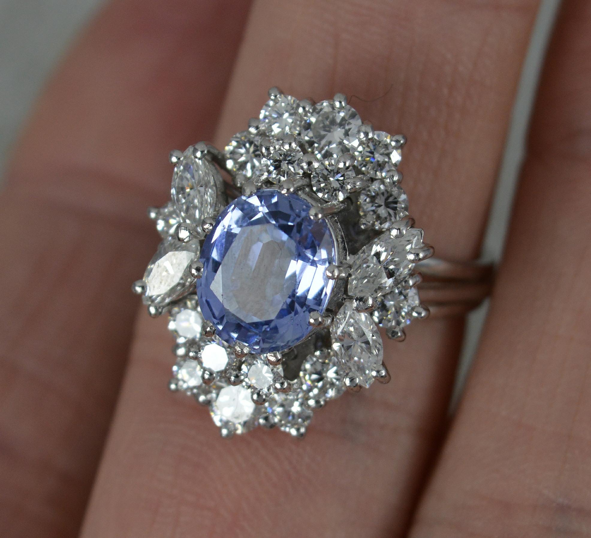 Certified No Heat Ceylon Sapphire and 1.75ct Diamond Platinum Cluster Ring 6