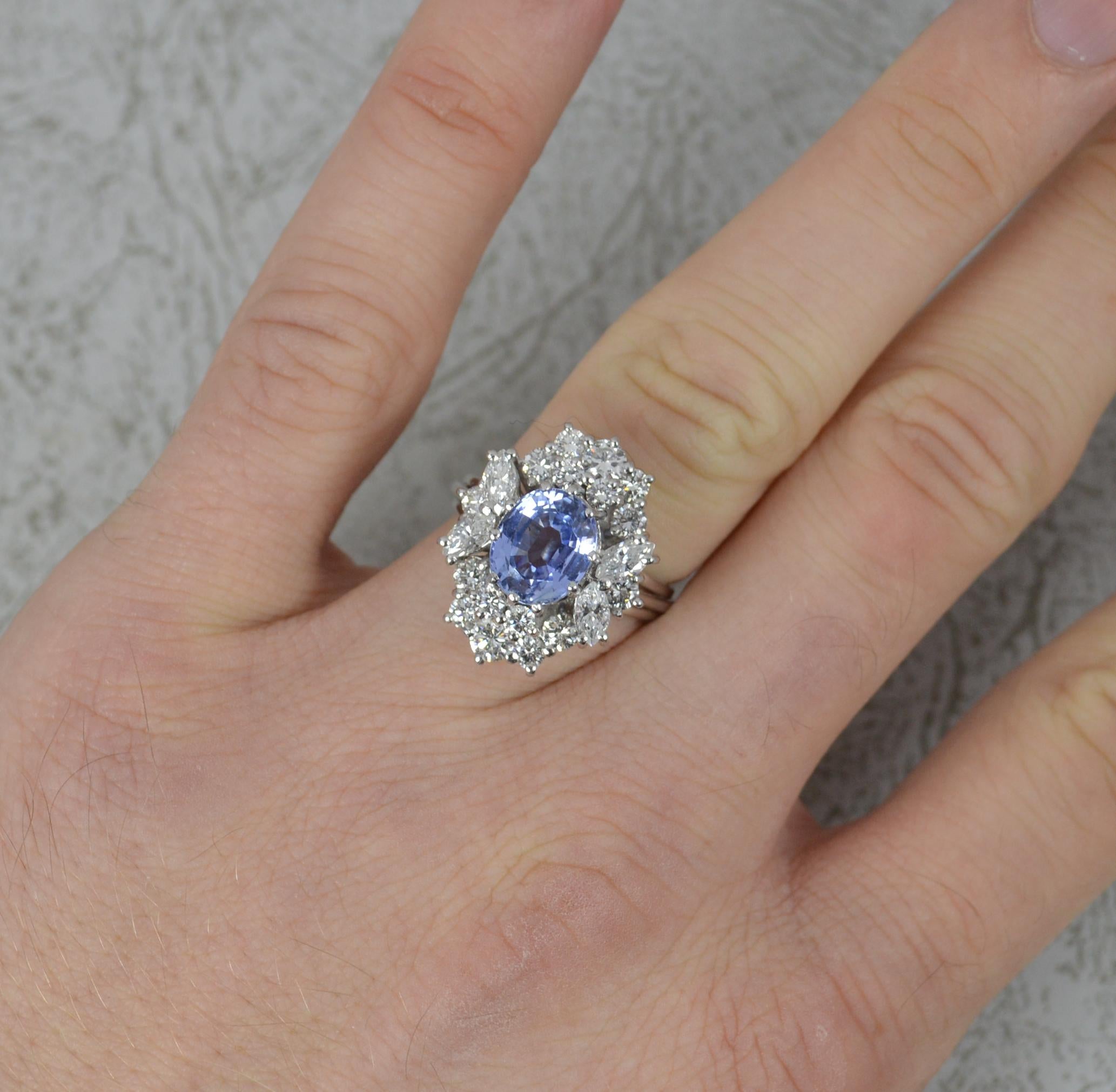 Contemporary Certified No Heat Ceylon Sapphire and 1.75ct Diamond Platinum Cluster Ring