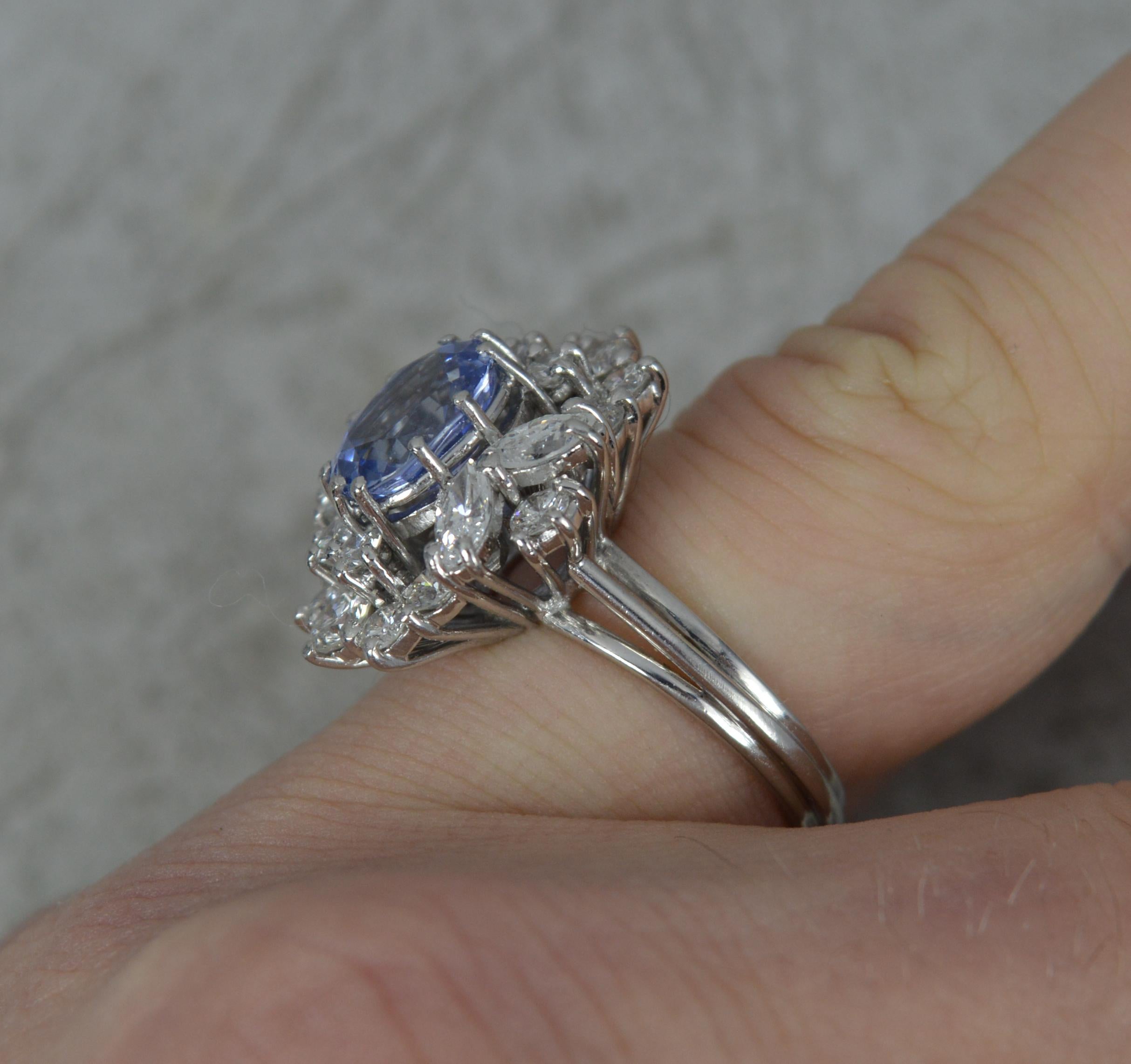 Certified No Heat Ceylon Sapphire and 1.75ct Diamond Platinum Cluster Ring In Excellent Condition In St Helens, GB