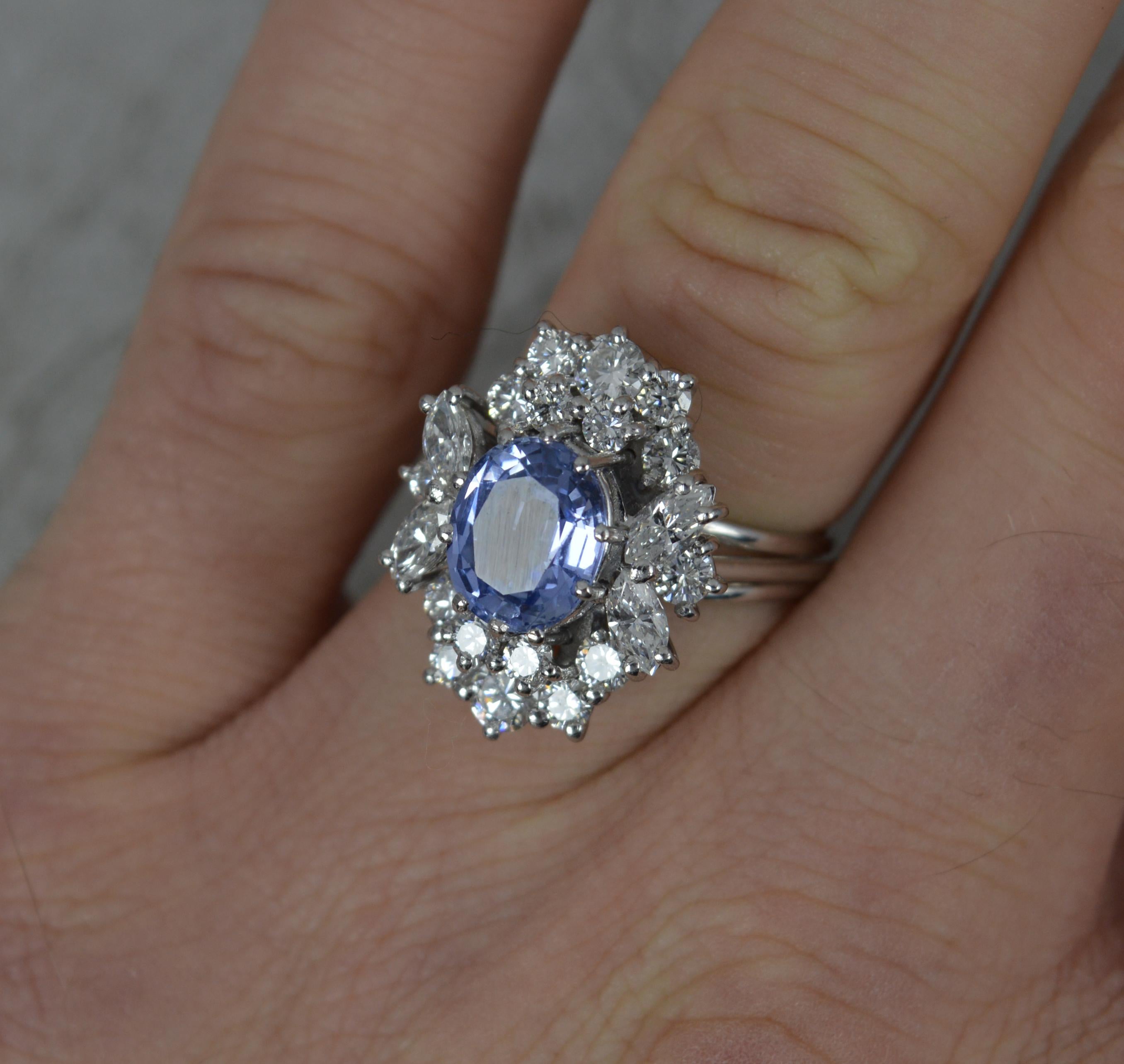 Women's Certified No Heat Ceylon Sapphire and 1.75ct Diamond Platinum Cluster Ring