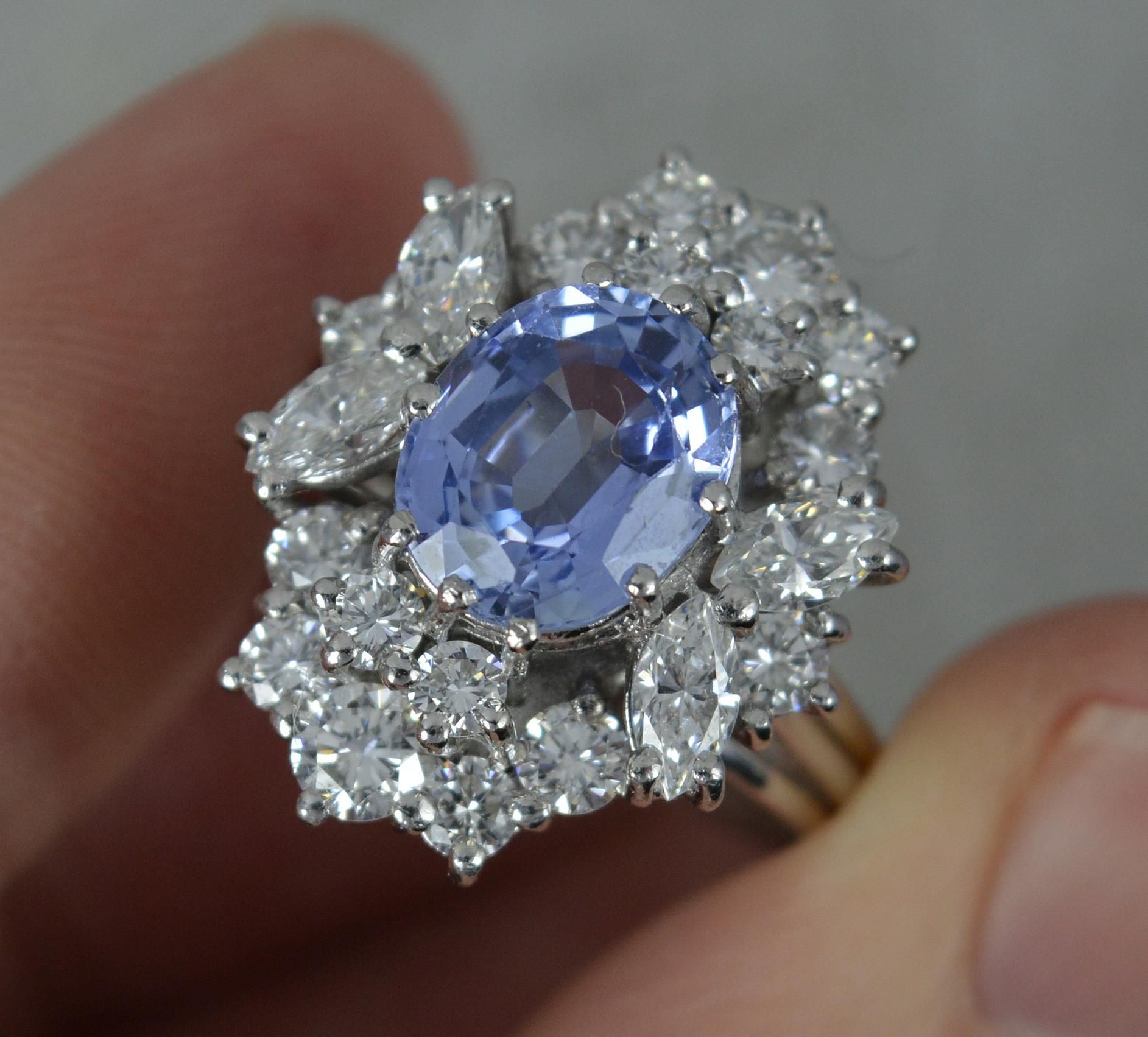 Certified No Heat Ceylon Sapphire and 1.75ct Diamond Platinum Cluster Ring 2