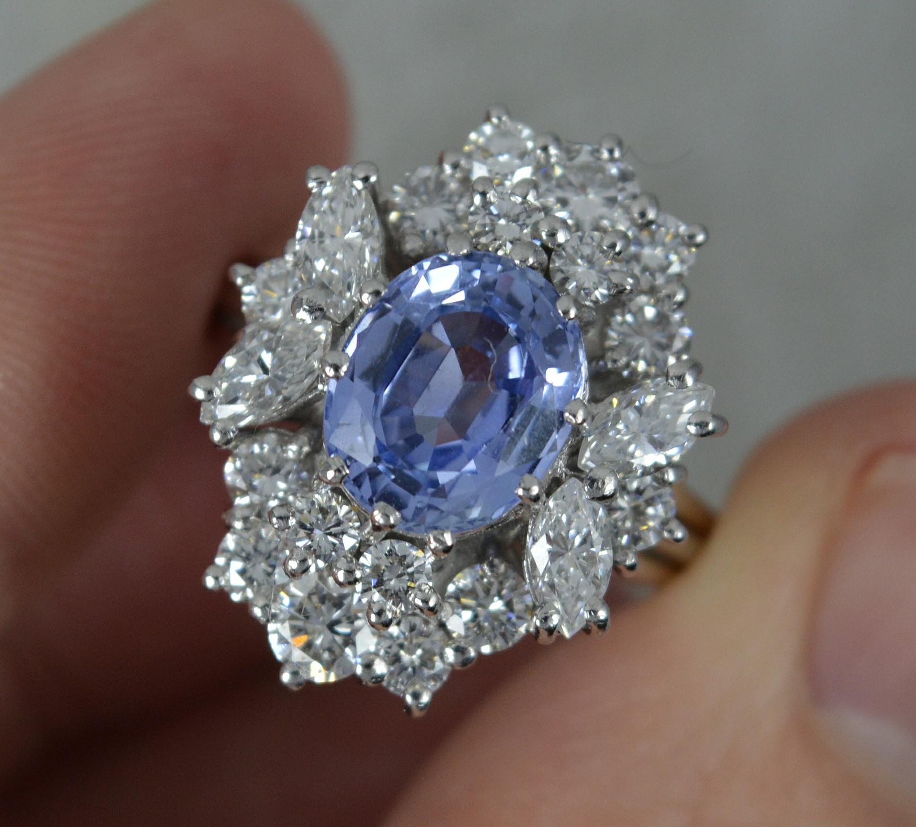 Certified No Heat Ceylon Sapphire and 1.75ct Diamond Platinum Cluster Ring 3