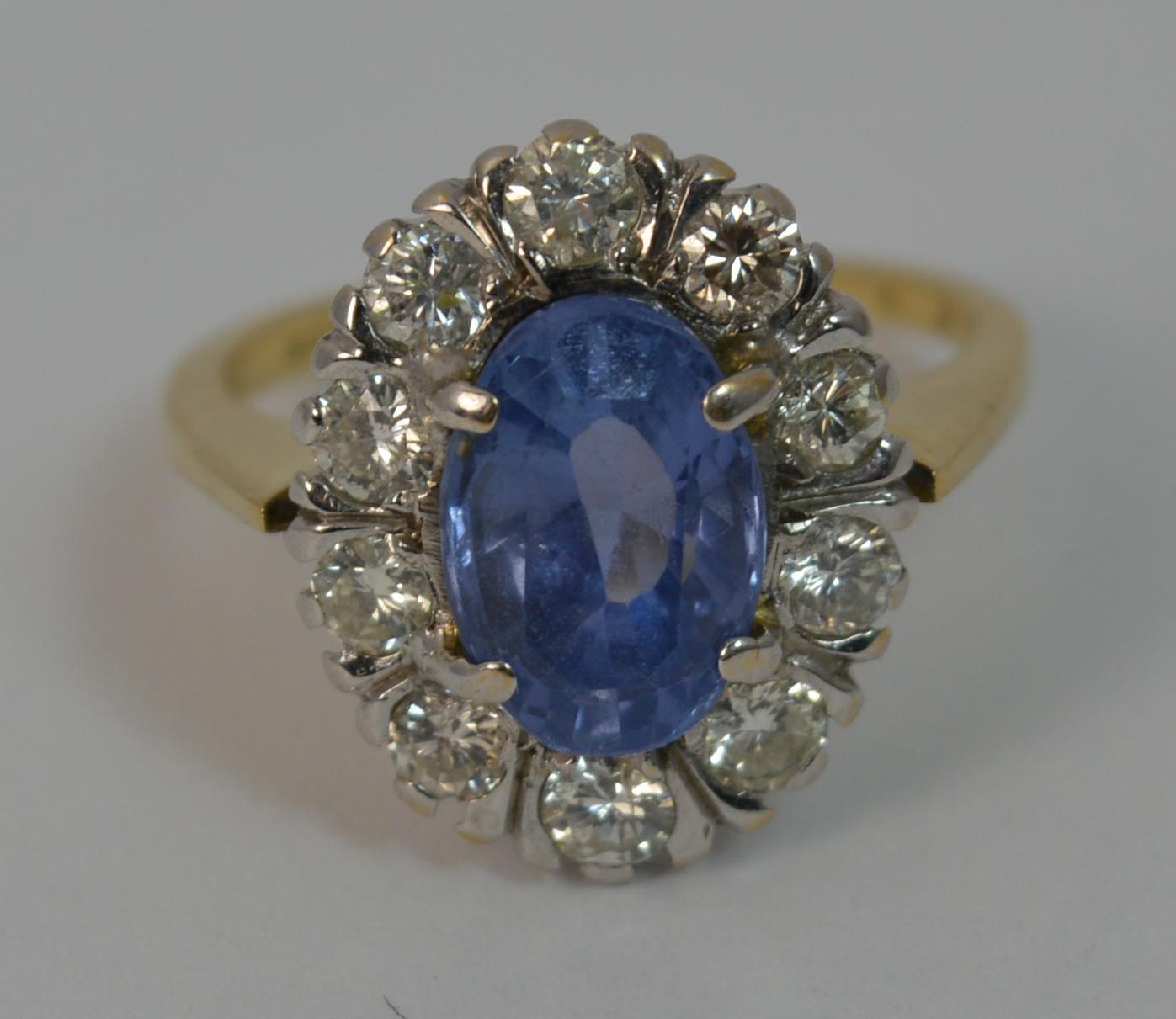 Certified No Heat Ceylon Sapphire and Diamond 18 Carat Gold Cluster Ring 12