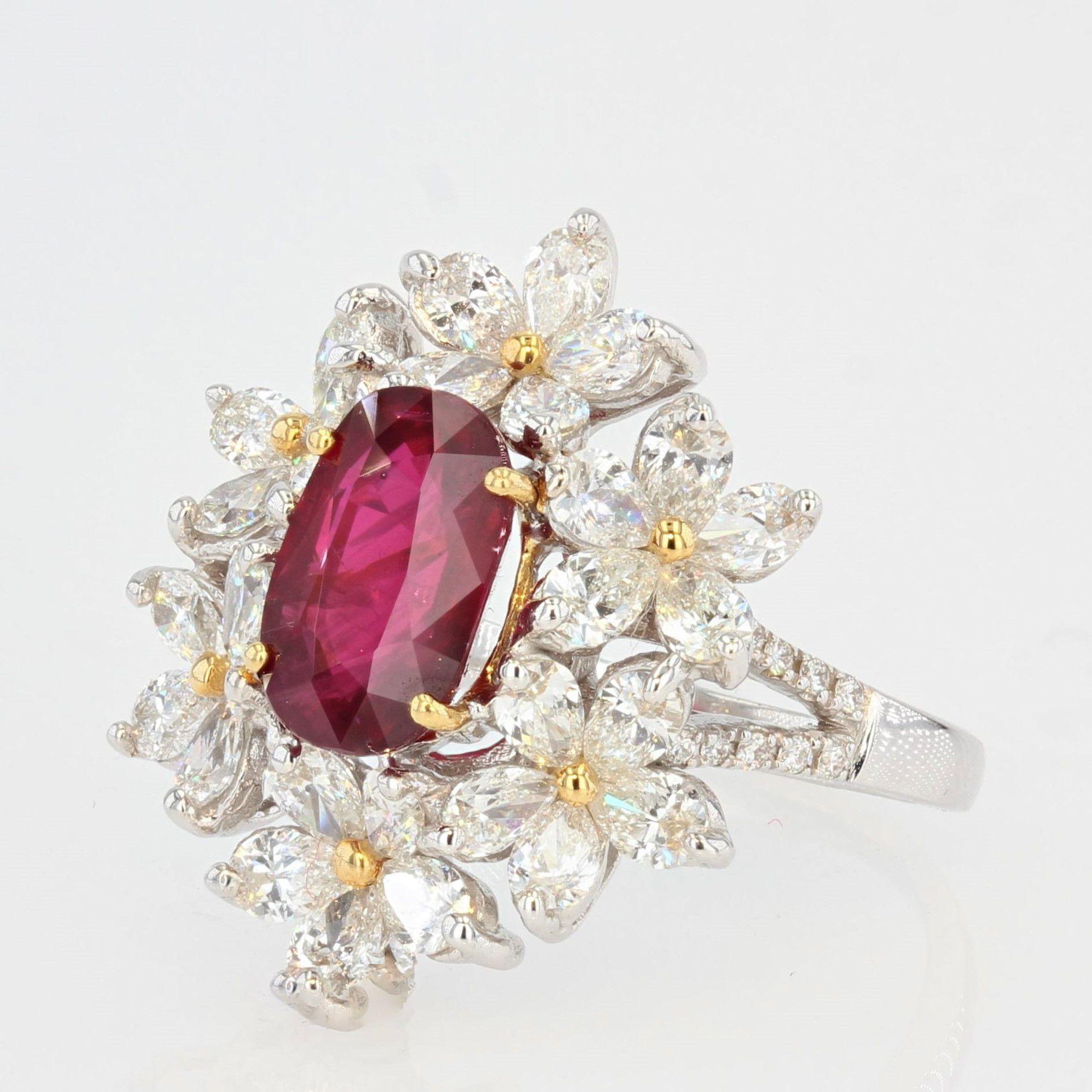 Modern Certified No Heat Pigeon Blood Ruby Diamonds Flowers 18 Karat White Gold Ring For Sale