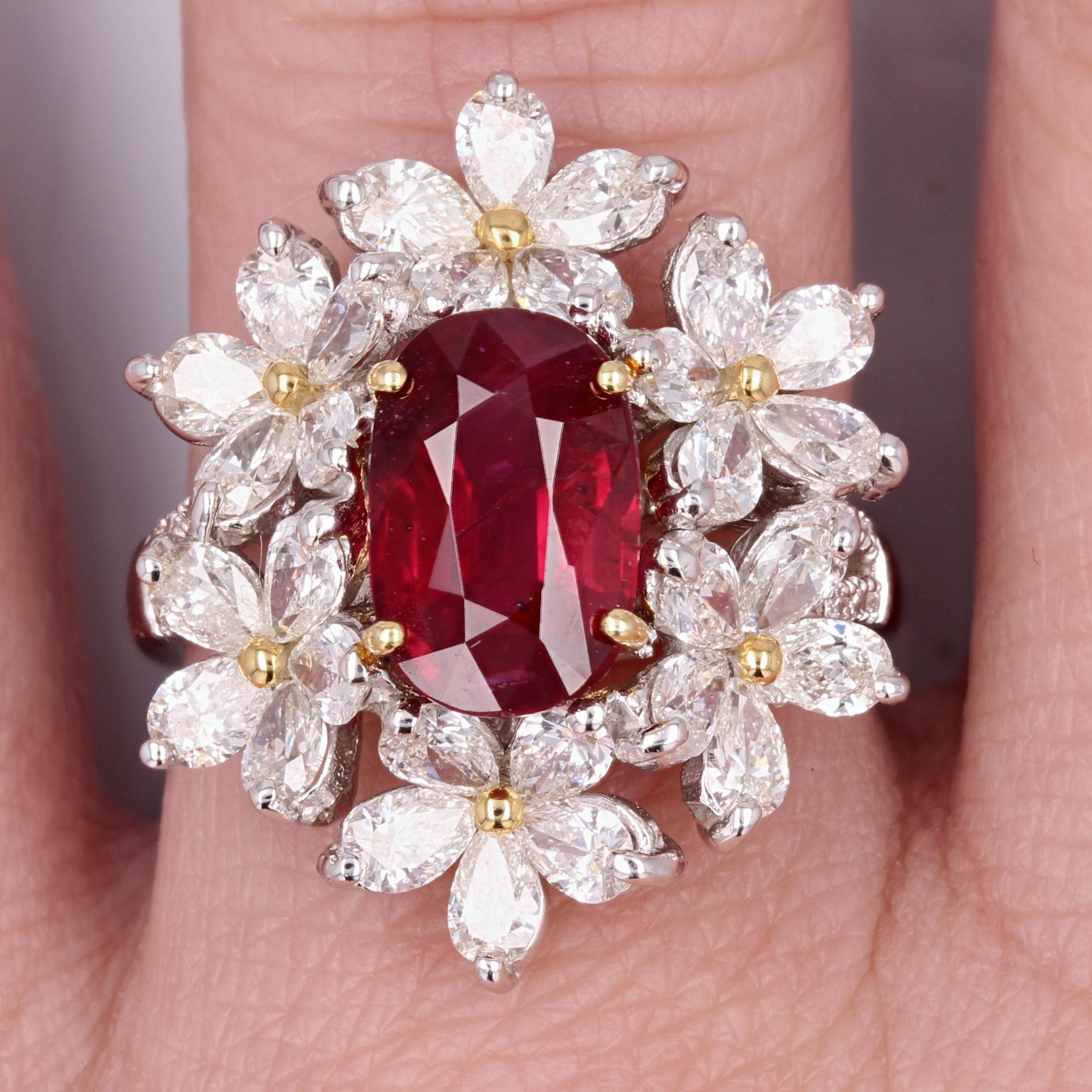 Women's Certified No Heat Pigeon Blood Ruby Diamonds Flowers 18 Karat White Gold Ring For Sale