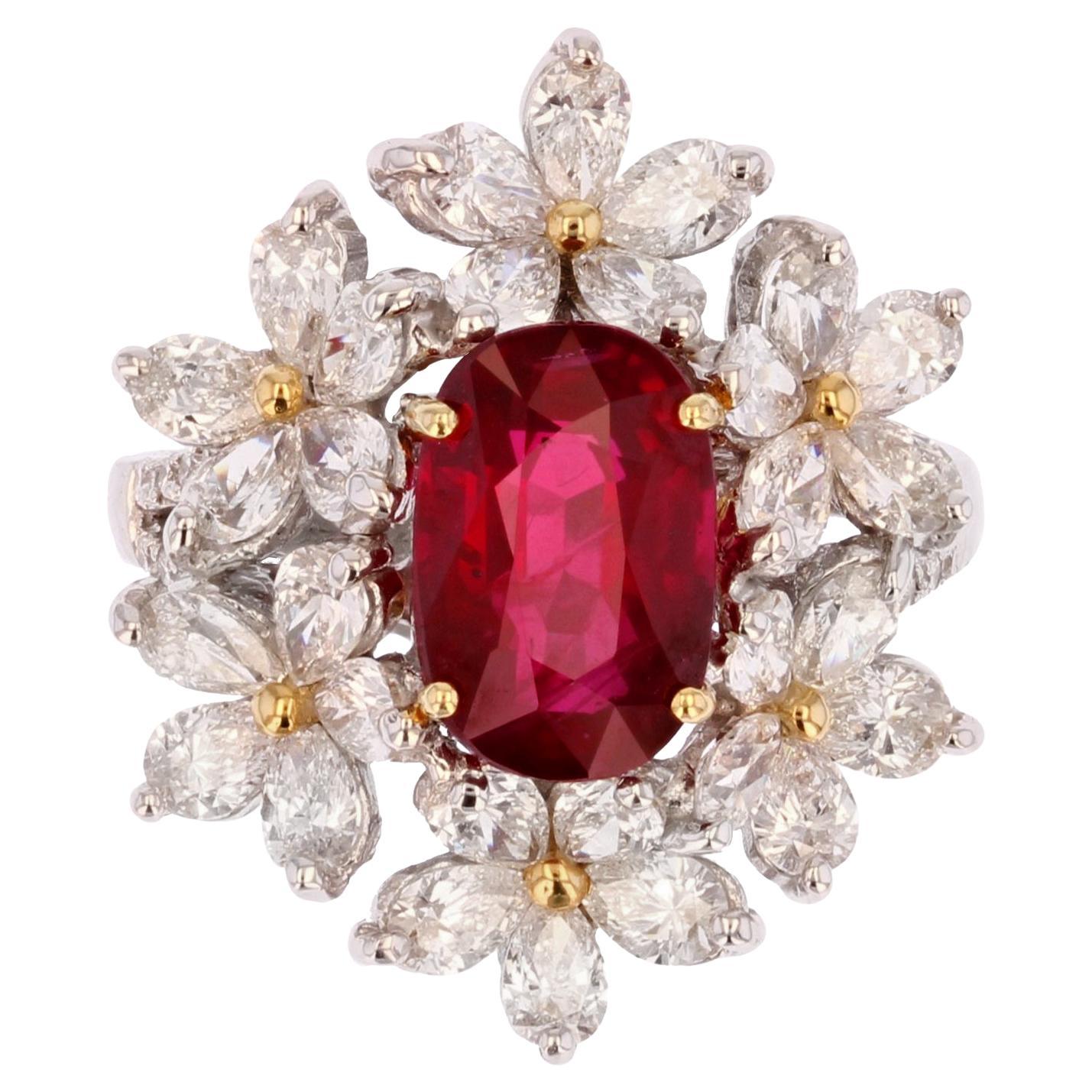 18 Karat Weigold Ring, zertifizierter unbehandelter Taubenblumen-Rubin-Diamant-Blumen
