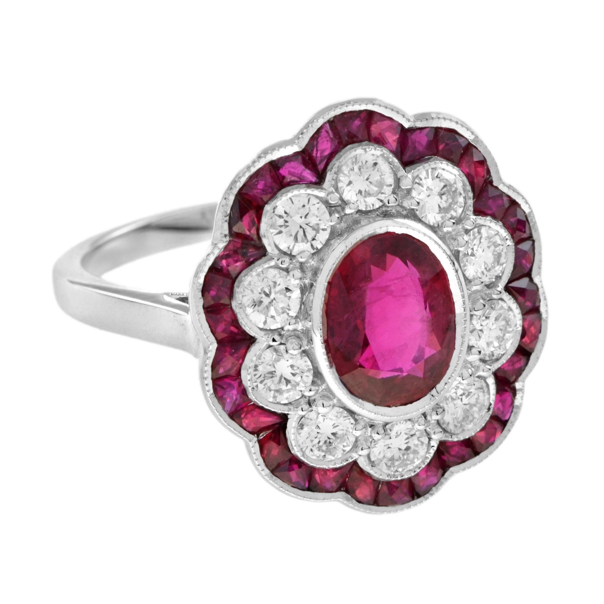 Sublime and imposing Art Deco style ring set in its center with a ruby weighting about 1.37 carat. It is surrounded by old fashioned diamonds, also of a very beautiful H/SI quality. A second setting increases the volume of this ring. It is made of