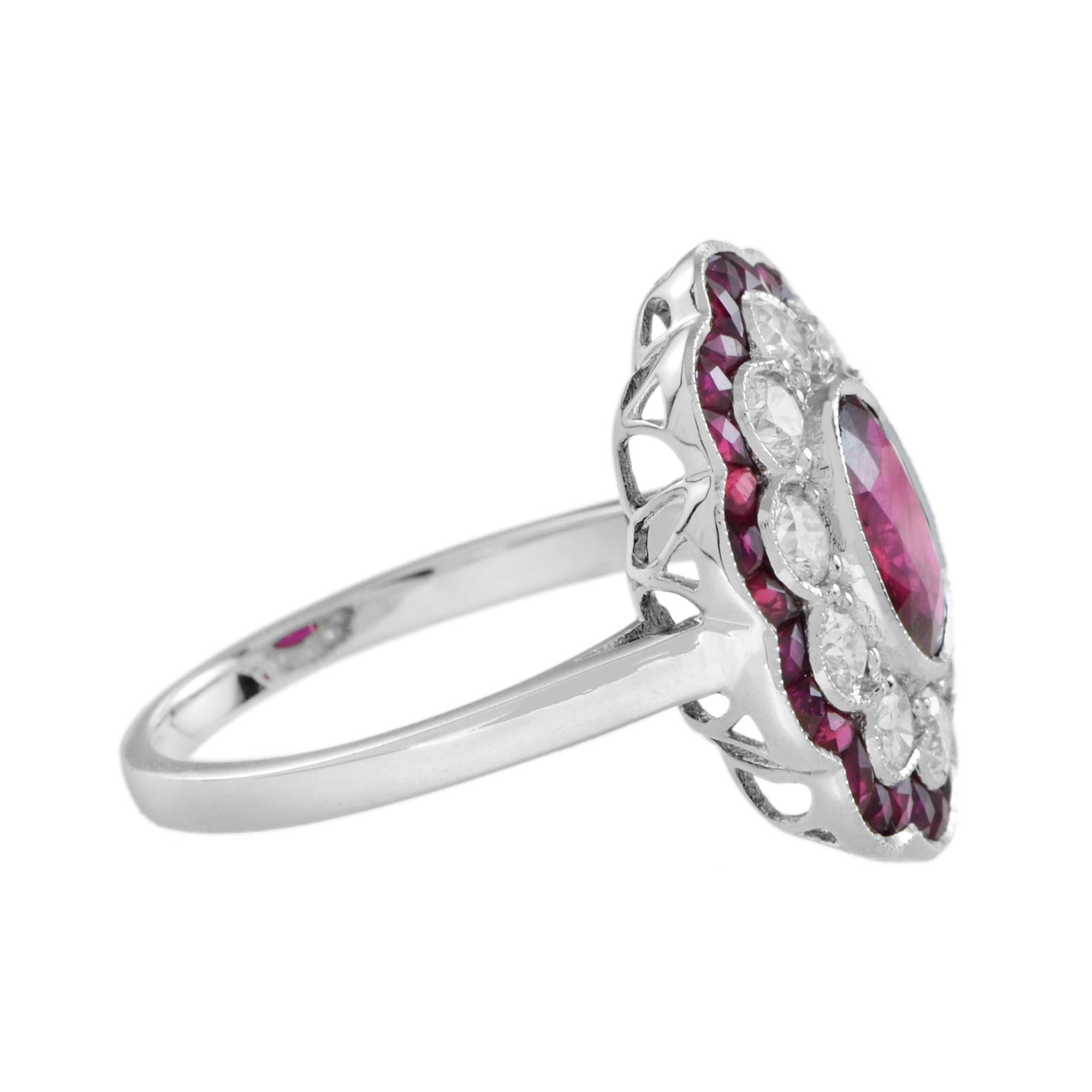 Art Deco Certified No Heated Siamese Red Pink Ruby & Diamonds Cluster 18K White Gold Ring For Sale