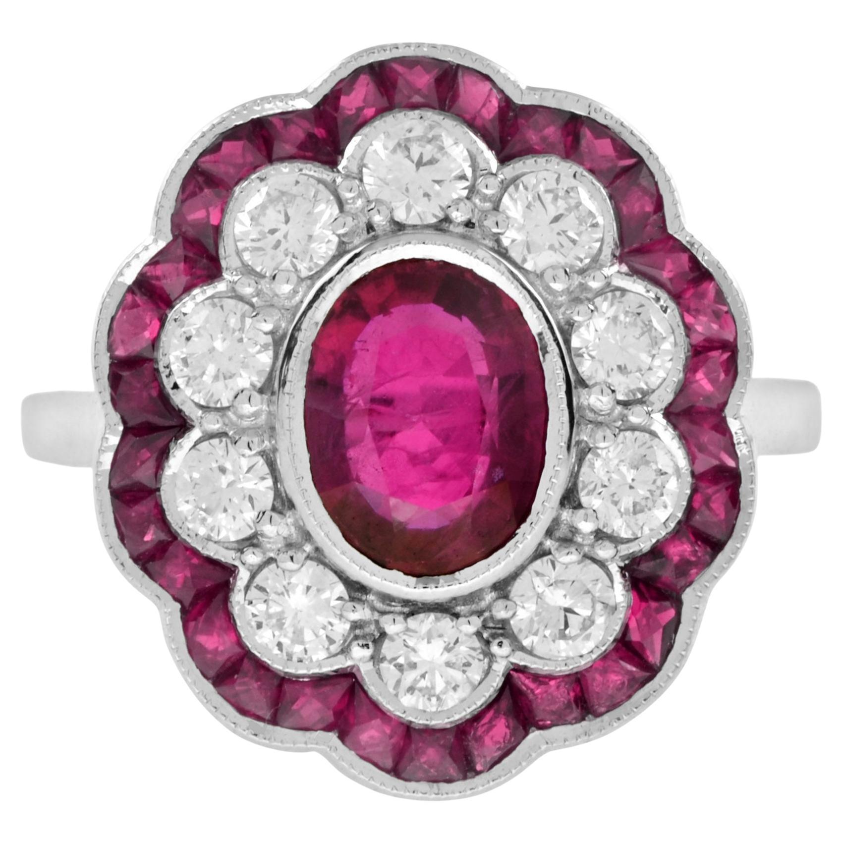 Certified No Heated Siamese Red Pink Ruby & Diamonds Cluster 18K White Gold Ring For Sale