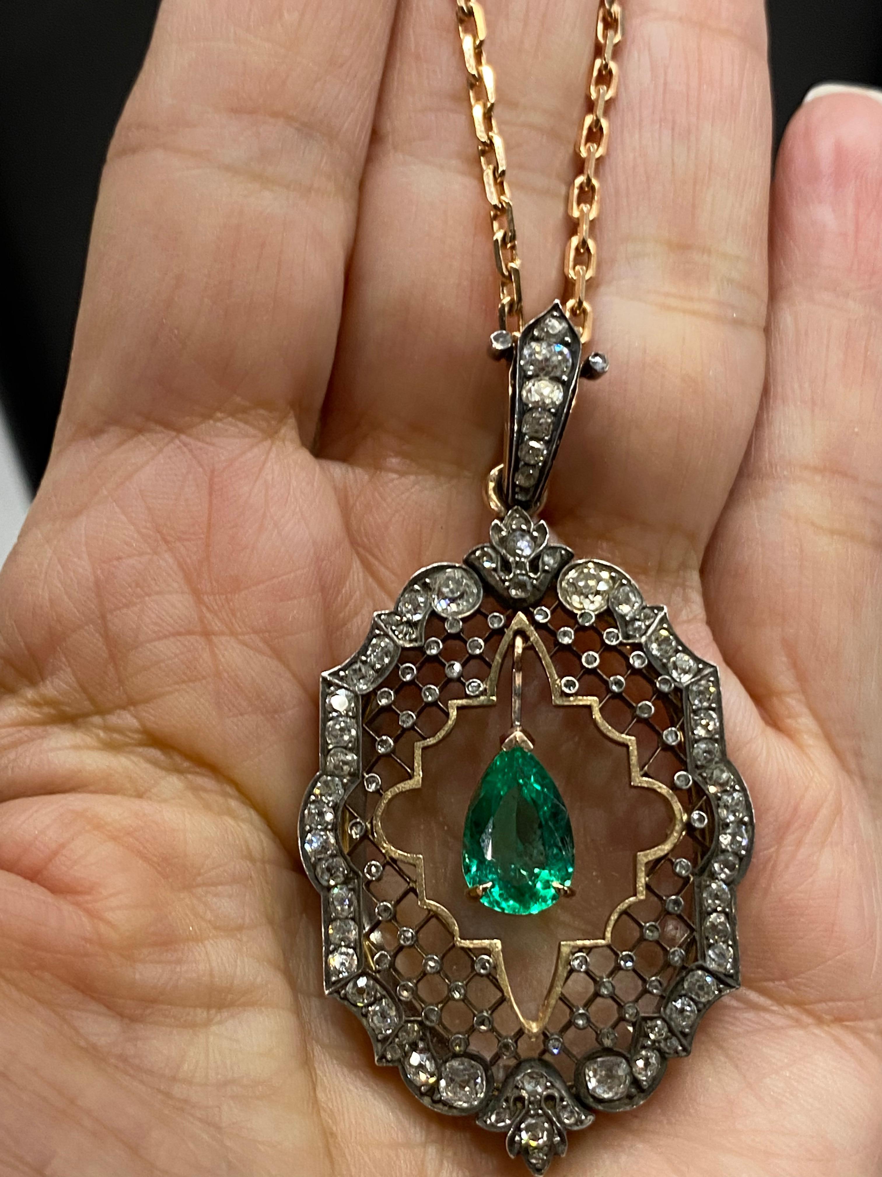 Mindi Mond AGL Certified 2.31 Carat Colombian Emerald Diamond Victorian Pendant For Sale 5