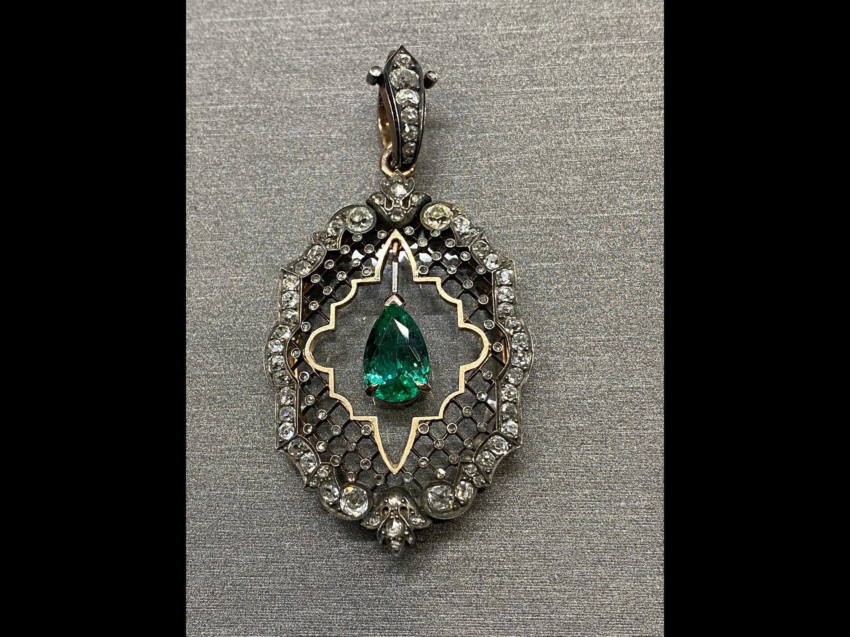 Mindi Mond AGL Certified 2.31 Carat Colombian Emerald Diamond Victorian Pendant In Good Condition For Sale In New York, NY