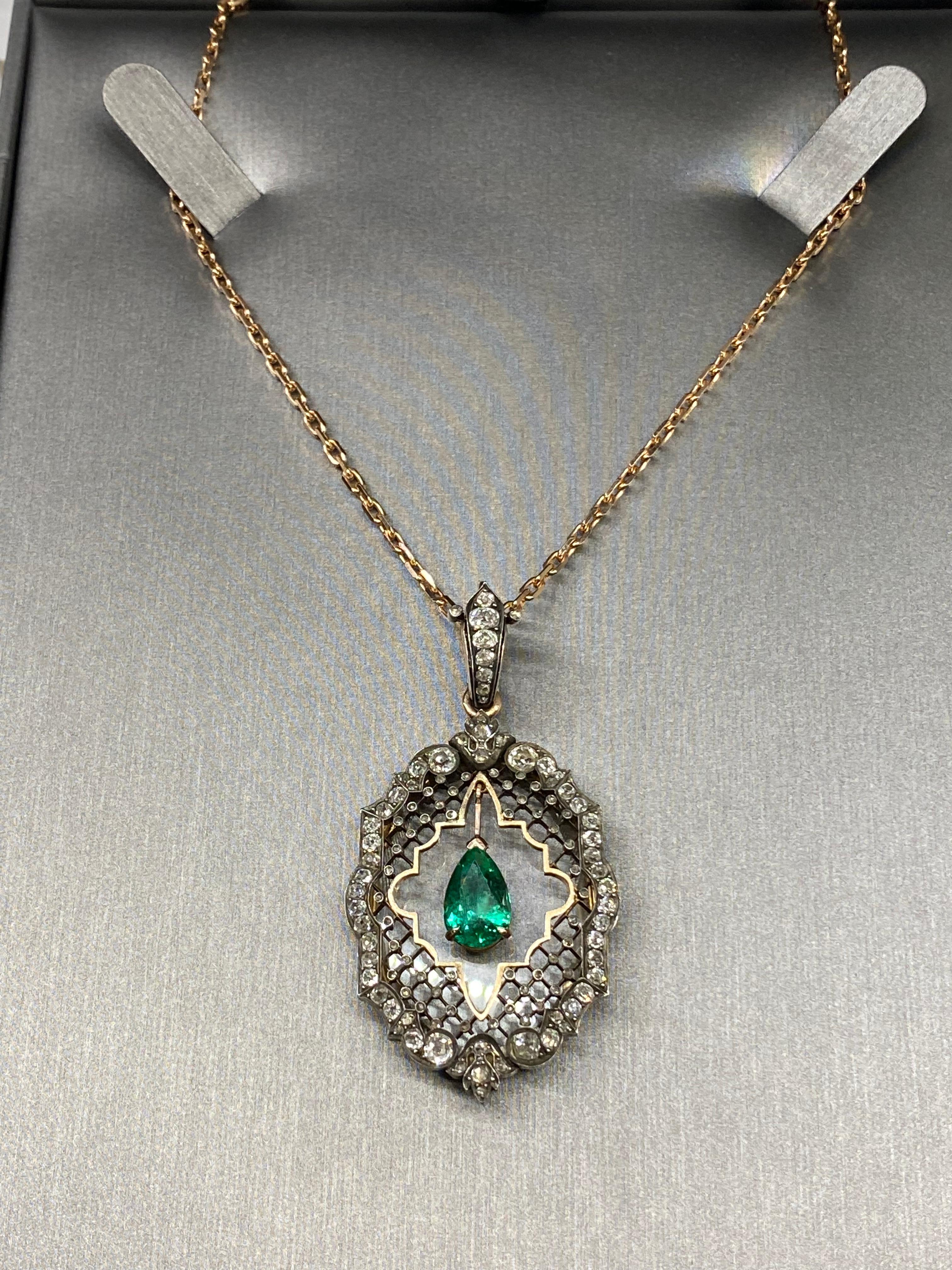 Mindi Mond AGL Certified 2.31 Carat Colombian Emerald Diamond Victorian Pendant For Sale 2