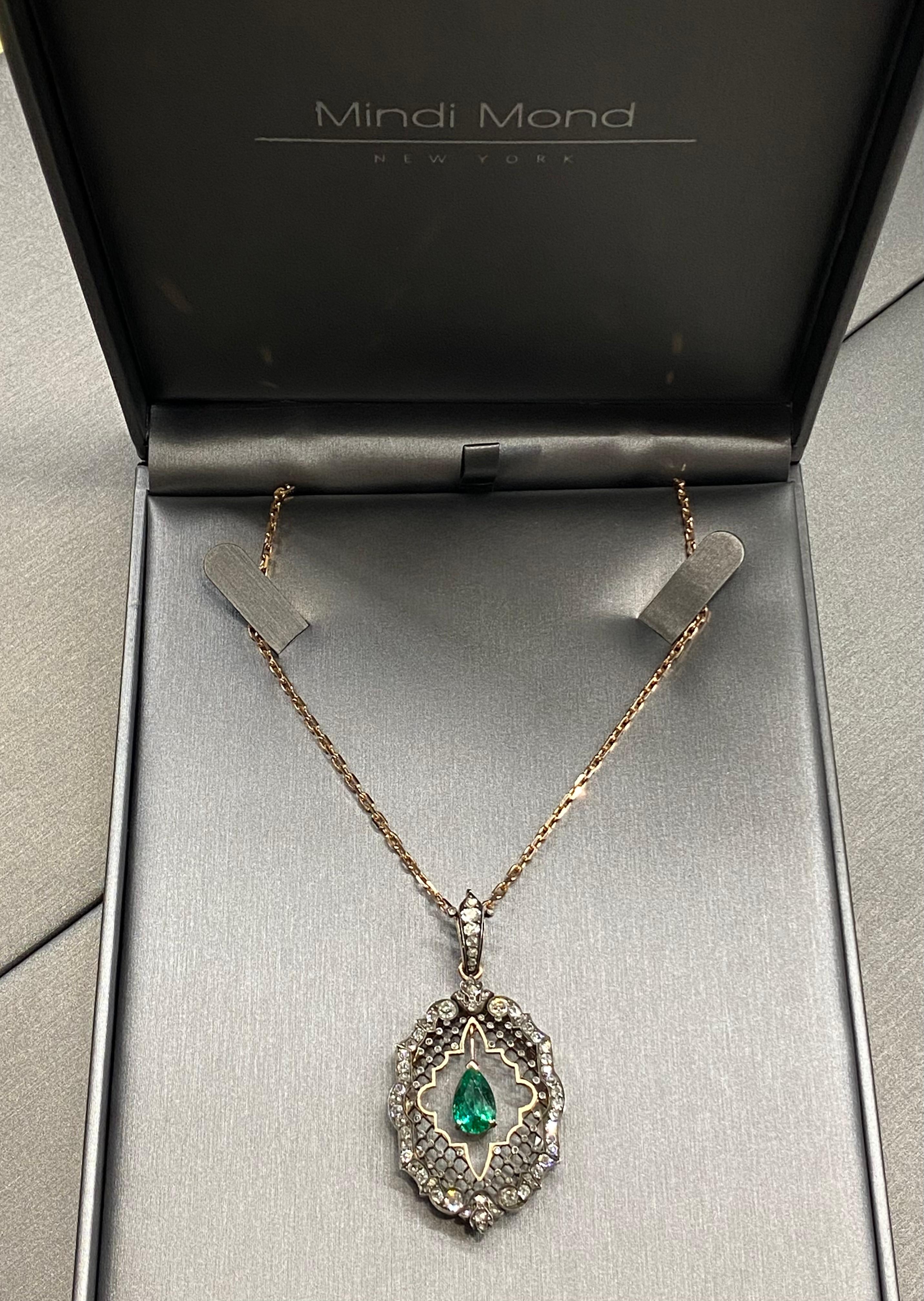 Mindi Mond AGL Certified 2.31 Carat Colombian Emerald Diamond Victorian Pendant For Sale 3