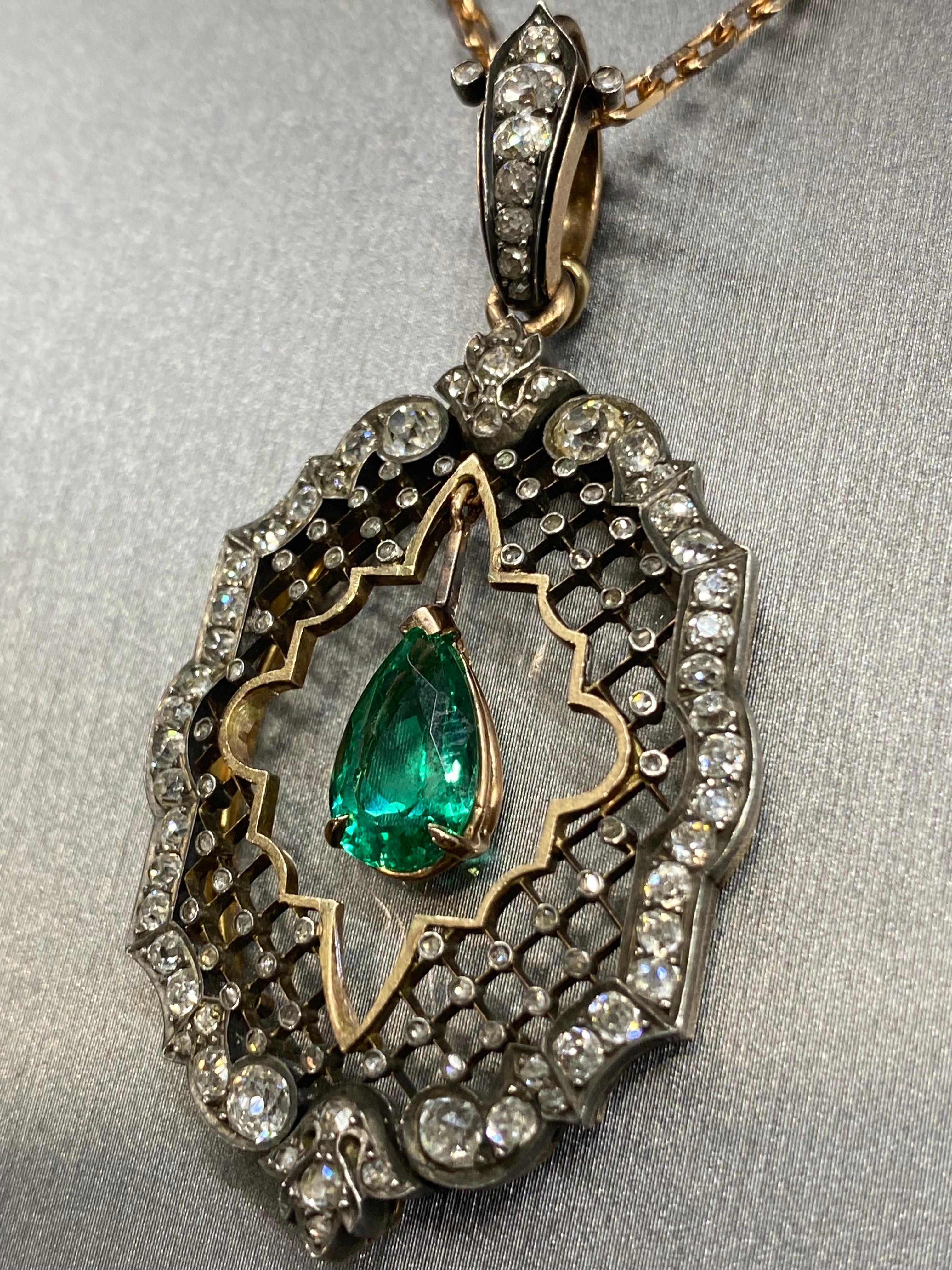 Mindi Mond AGL Certified 2.31 Carat Colombian Emerald Diamond Victorian Pendant For Sale 4