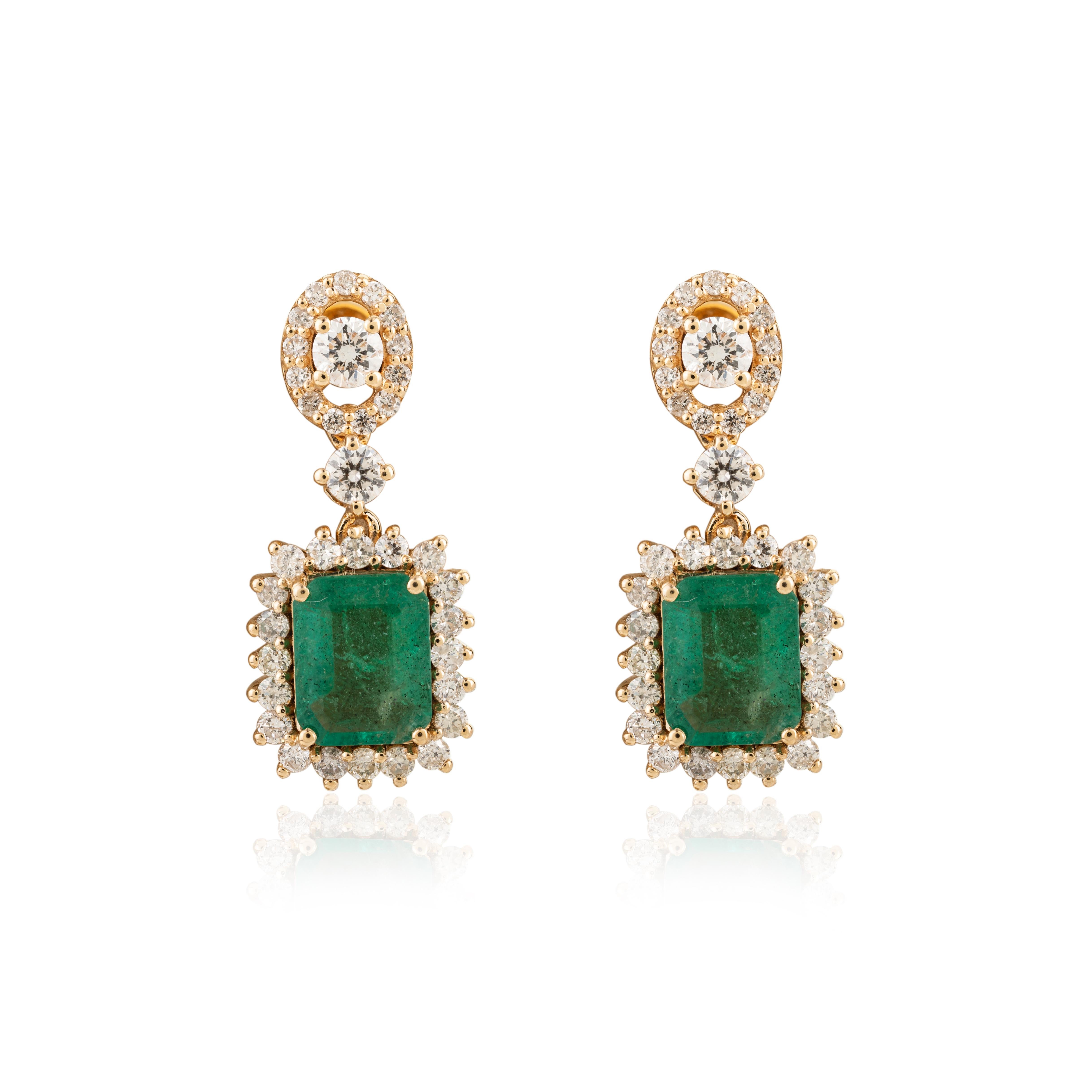 Art Deco Certified Octagon Emerald and Diamond Halo Dangle Earrings in 18k Yellow Gold For Sale