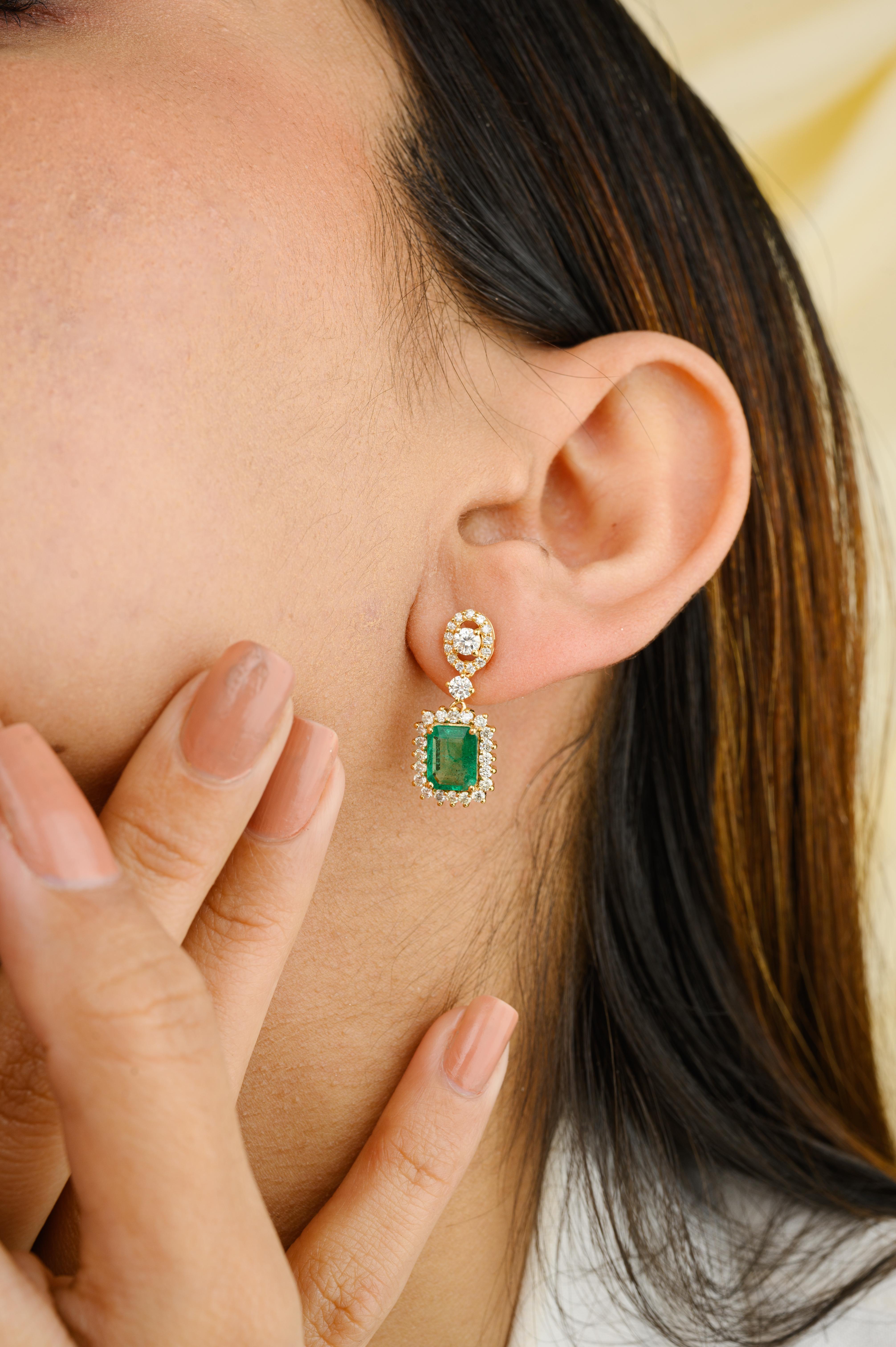Octagon Cut Certified Octagon Emerald and Diamond Halo Dangle Earrings in 18k Yellow Gold For Sale