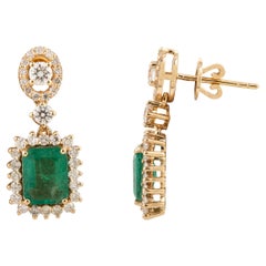 Certified Octagon Emerald and Diamond Halo Dangle Earrings in 18k Yellow Gold