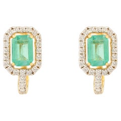 Certified Octagon Emeralds 14k Yellow Gold Clip-On Earrings with Halo Diamonds