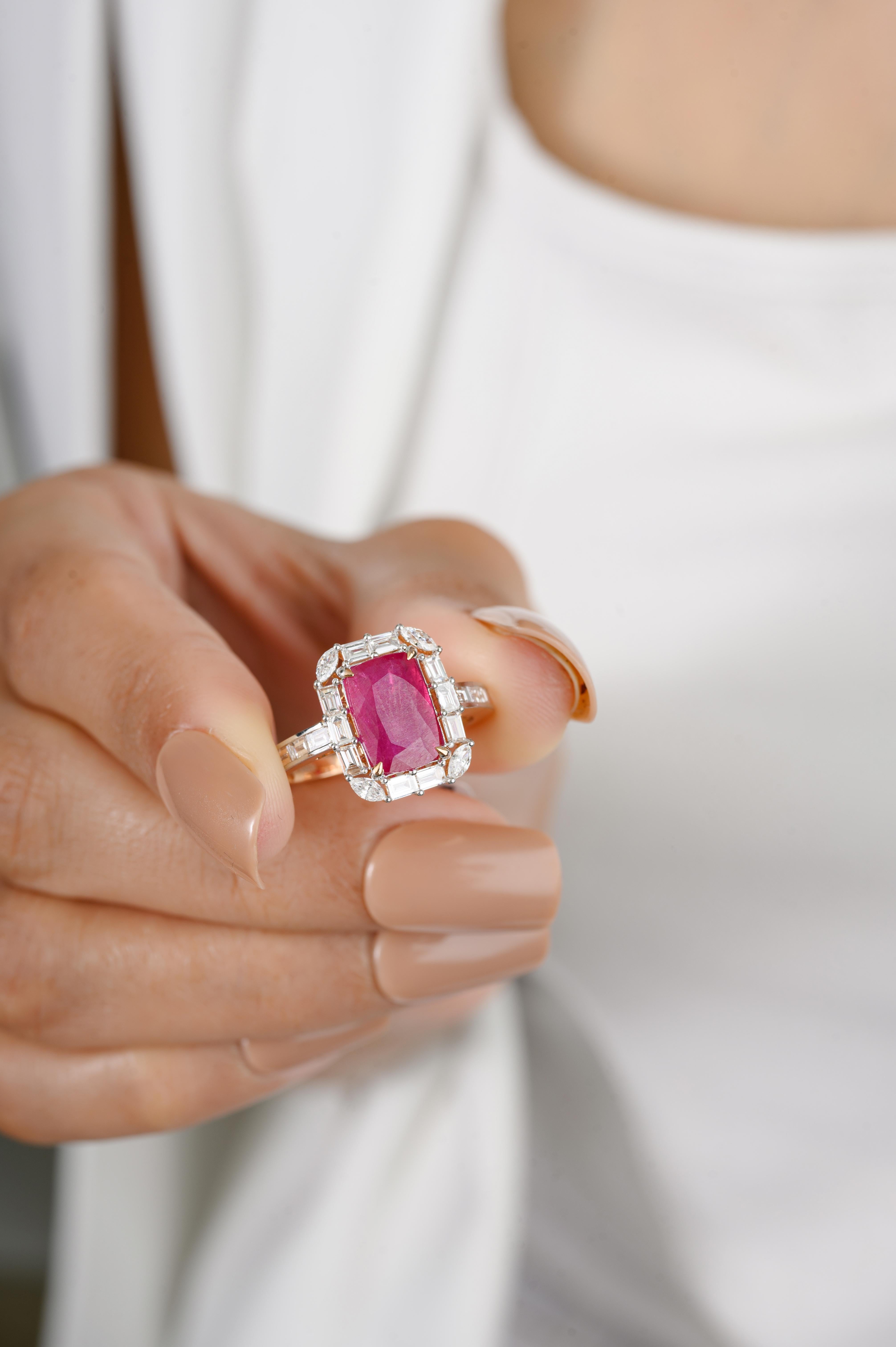 Im Angebot: Zertifizierter achteckiger Rubin-Cocktail-Halo-Diamant-Verlobungsring aus 18 Karat Roségold () 10