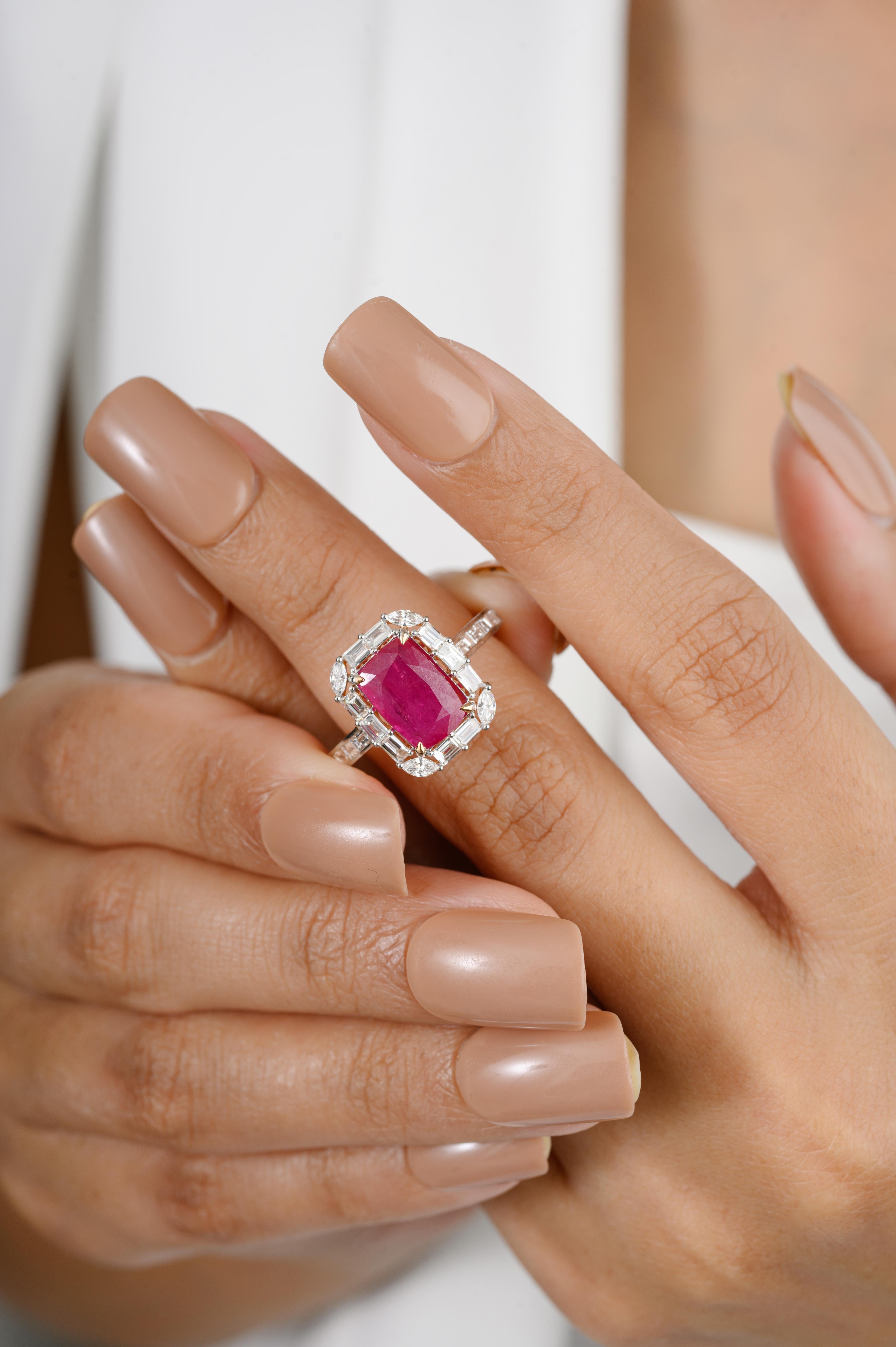 Im Angebot: Zertifizierter achteckiger Rubin-Cocktail-Halo-Diamant-Verlobungsring aus 18 Karat Roségold () 4