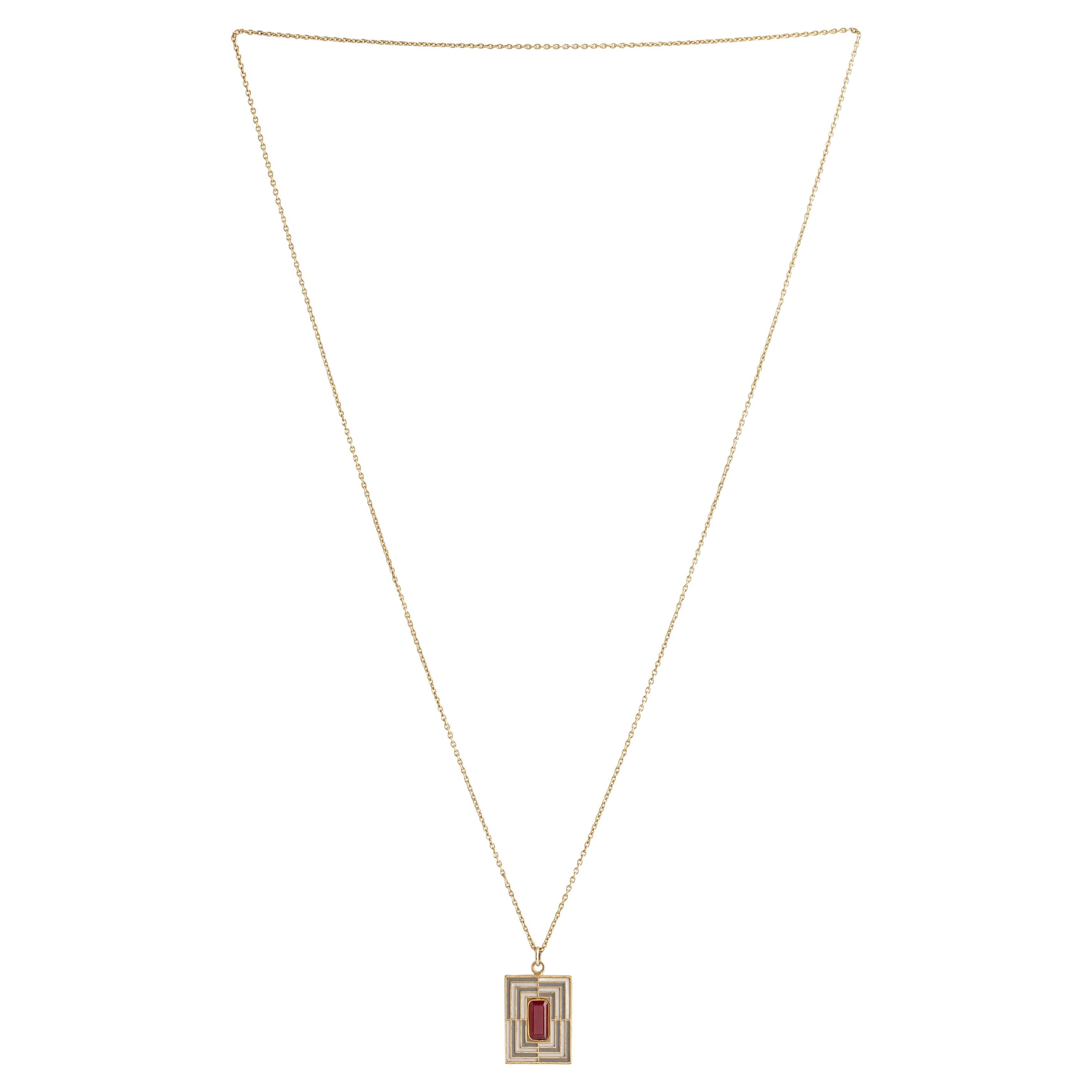 Certified Octagon Ruby Reversible Pendant in 18K Gold with Enamel For Sale