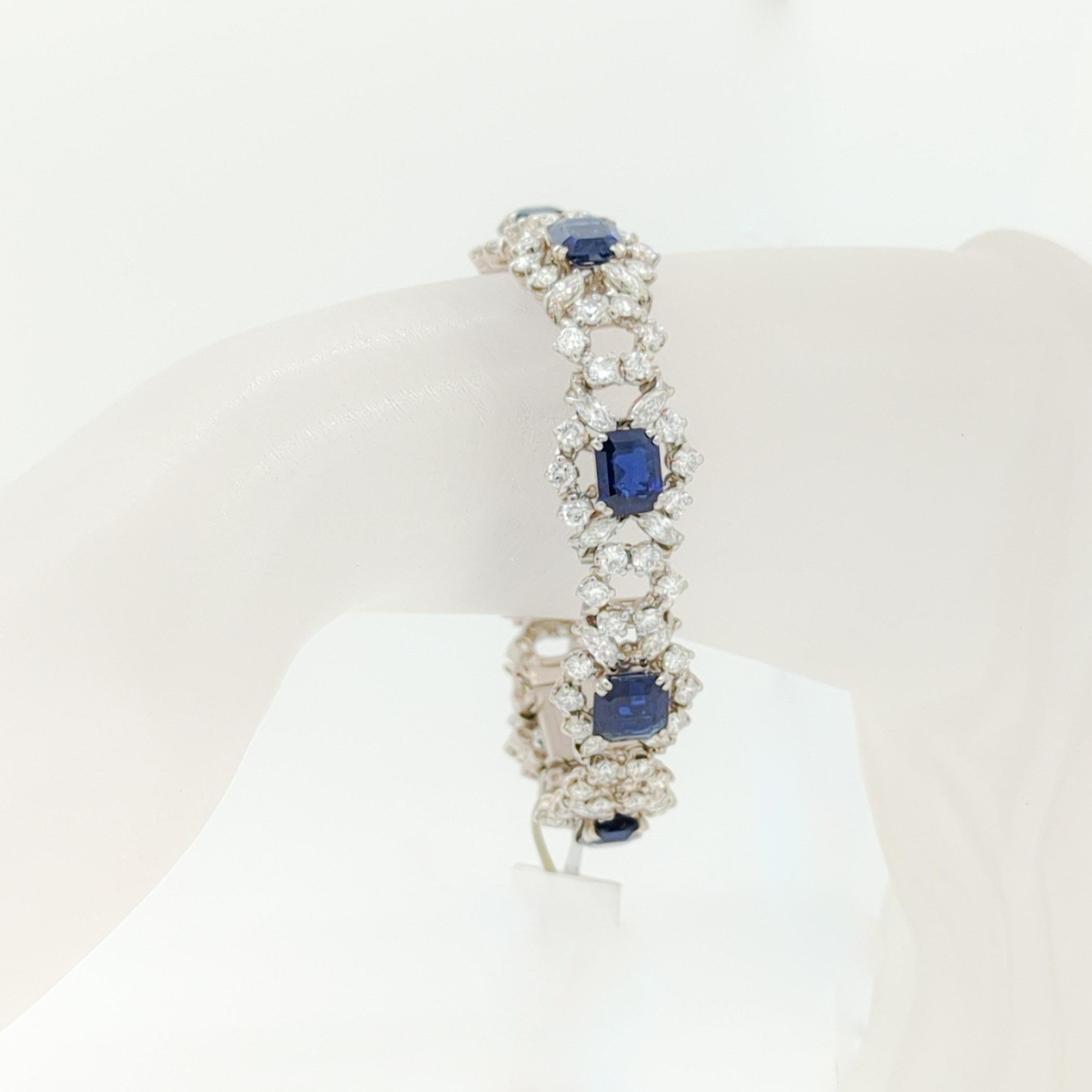 Octagon Cut Certified Octagon Shape Blue Sapphire & Multi-Shape Diamond Platinum Bracelet For Sale