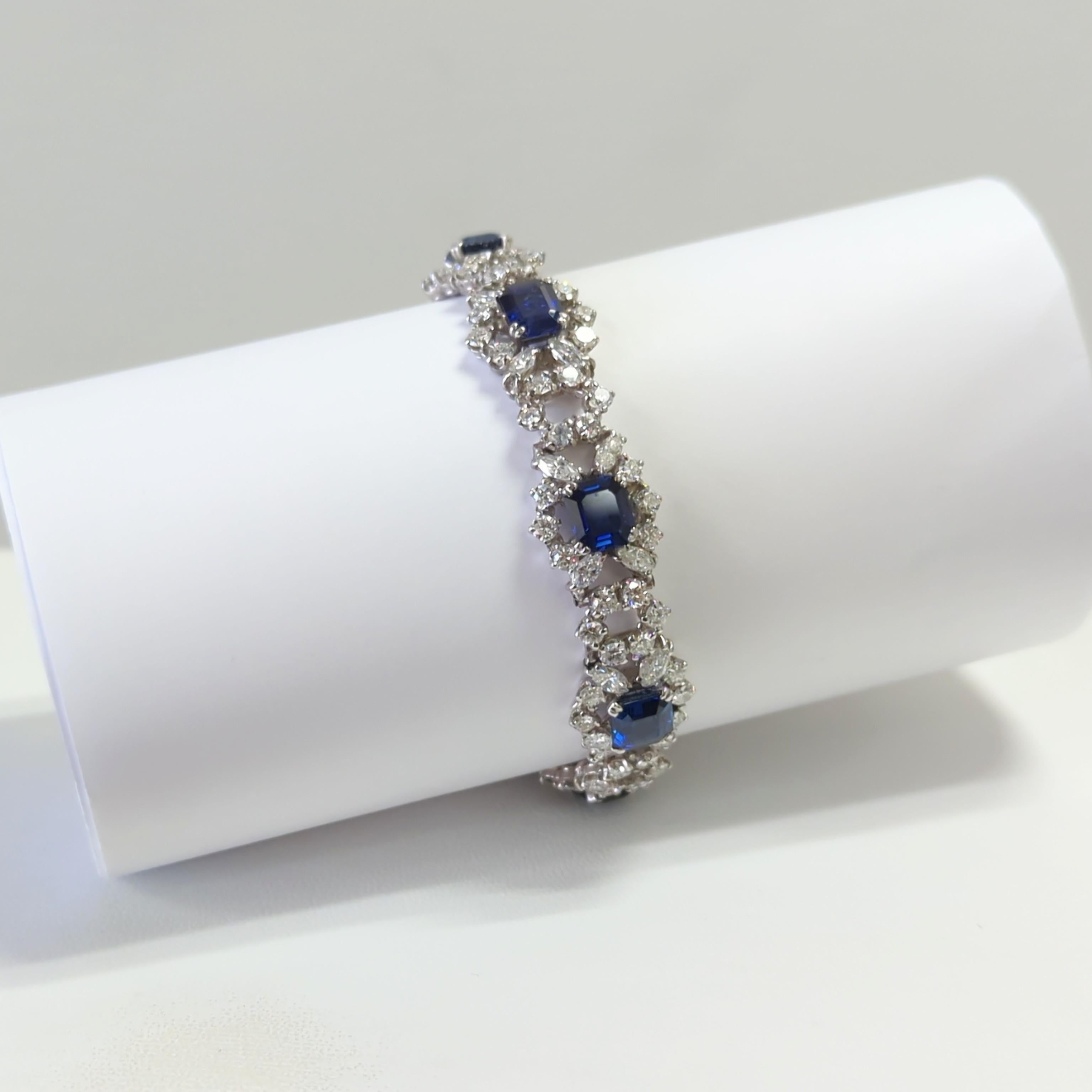 Women's or Men's Certified Octagon Shape Blue Sapphire & Multi-Shape Diamond Platinum Bracelet For Sale