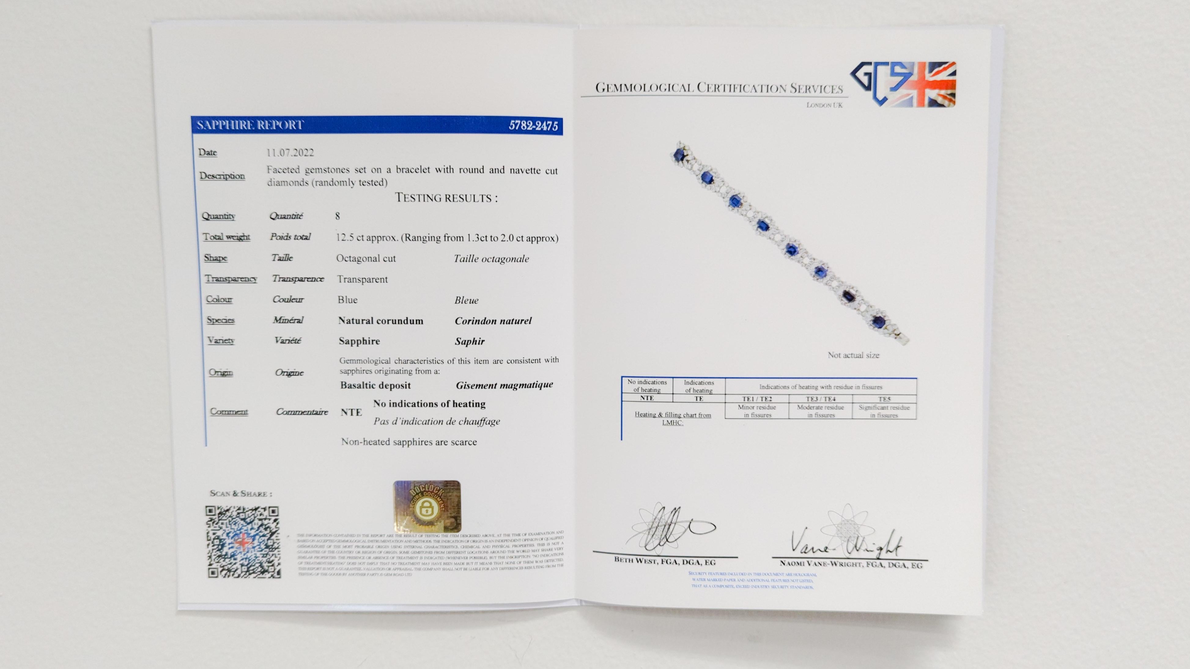 Certified Octagon Shape Blue Sapphire & Multi-Shape Diamond Platinum Bracelet For Sale 5