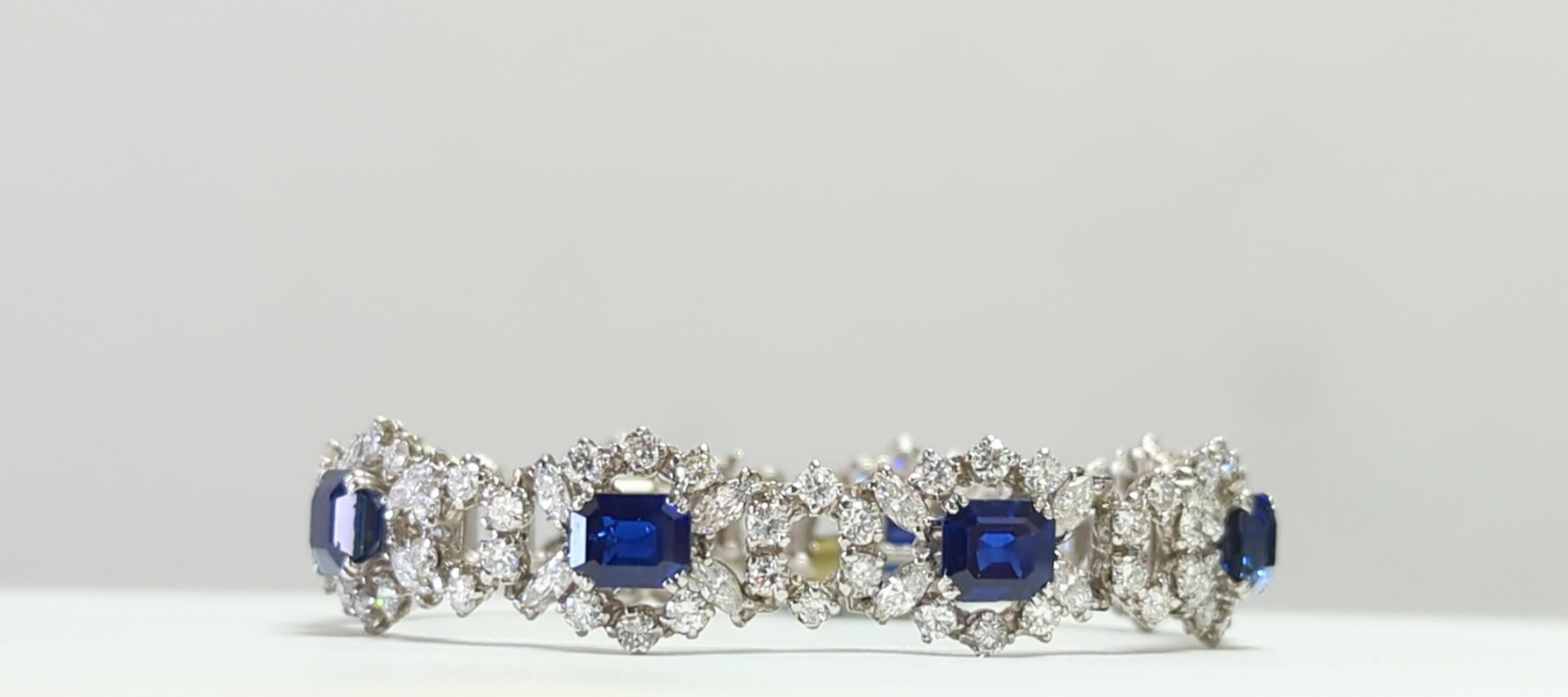 Certified Octagon Shape Blue Sapphire & Multi-Shape Diamond Platinum Bracelet For Sale 2