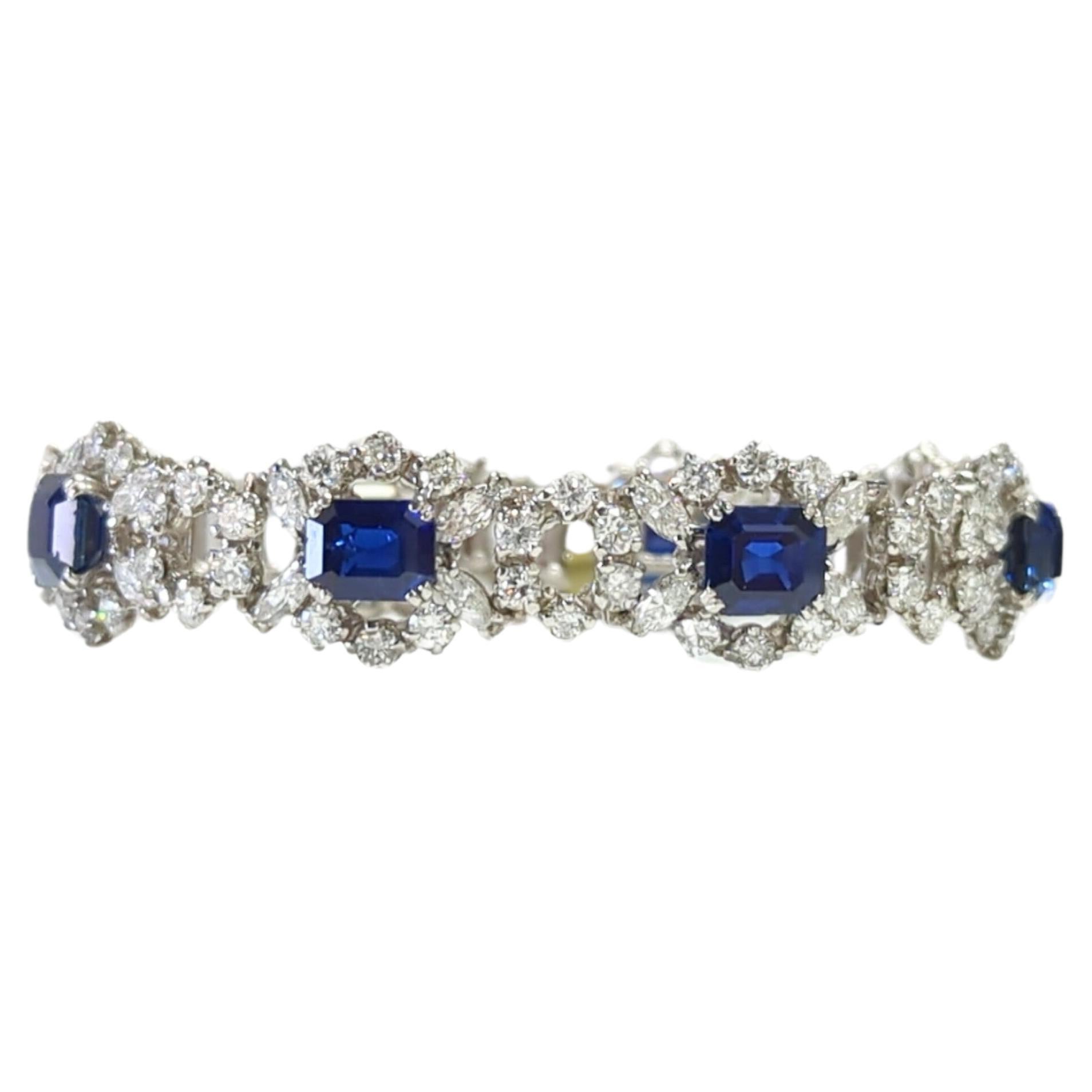 Certified Octagon Shape Blue Sapphire & Multi-Shape Diamond Platinum Bracelet For Sale