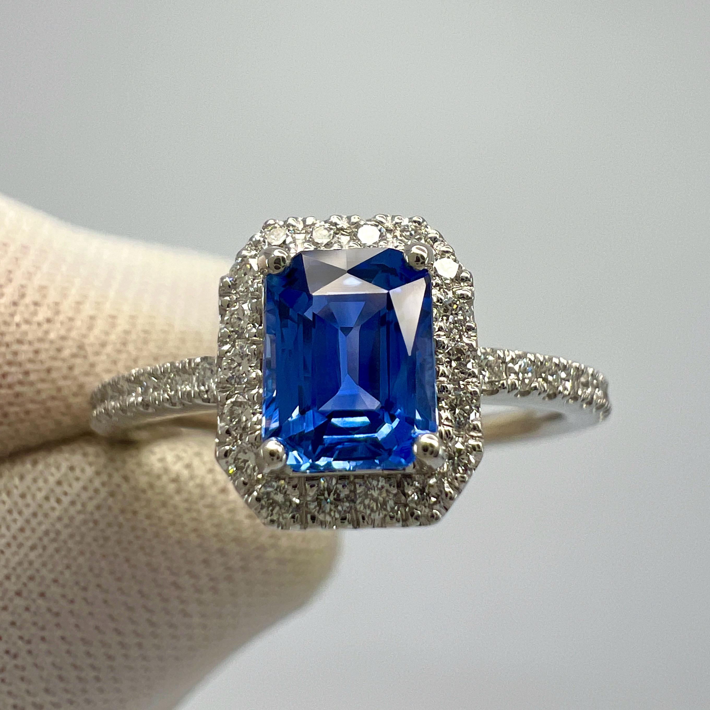 Fine Natural Octagonal Cut Vivid Violet Blue Ceylon Sapphire And Diamond 18k White Gold Halo Ring. 1.00 Carat total.

IGI Certified 0.76 Carat centre sapphire of the highest quality. This stone has a top grade deep violetish blue colour and