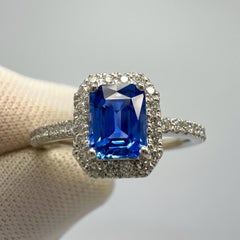 Certified Octagon Violet Blue Ceylon Sapphire & Diamond 18k White Gold Halo Ring