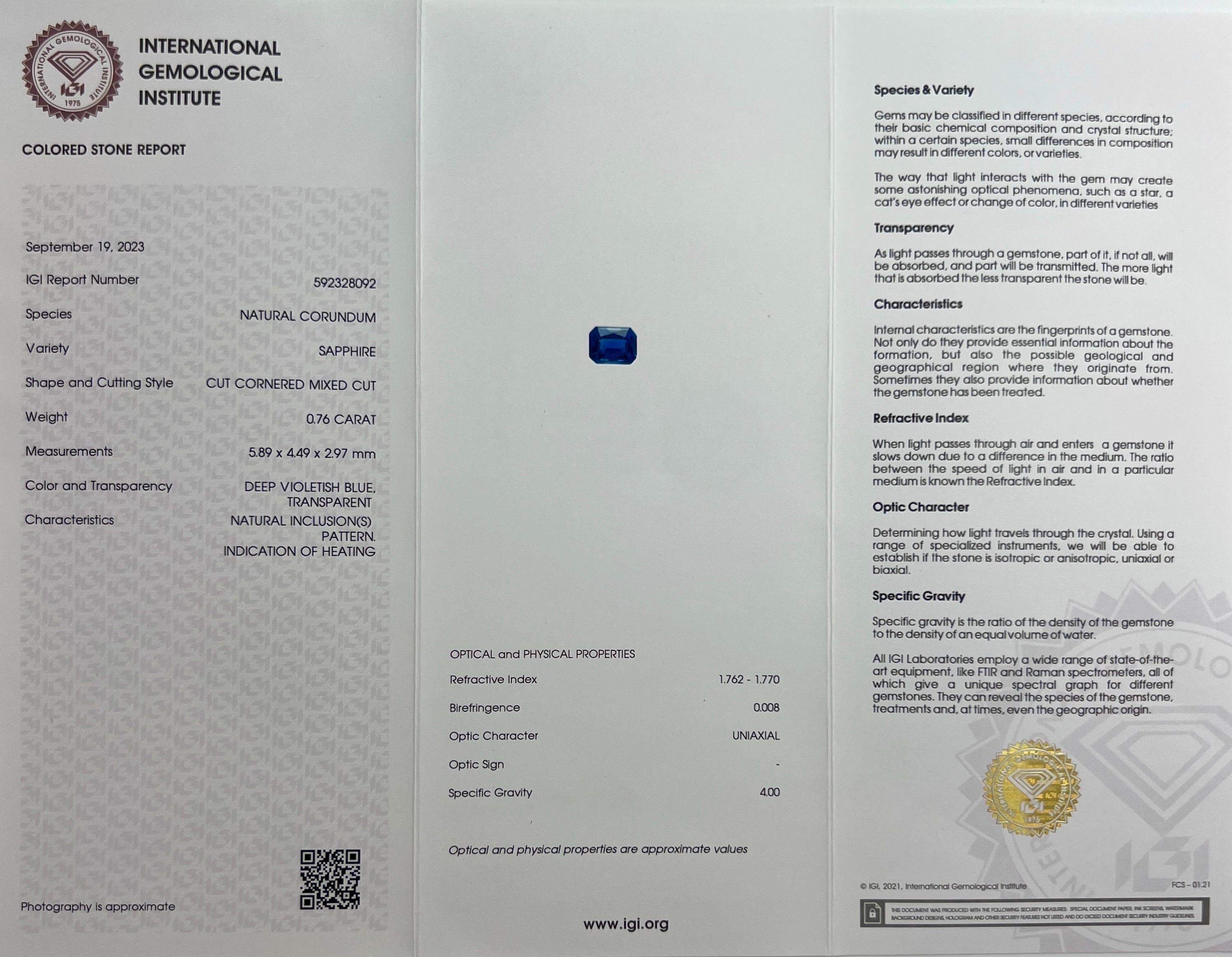 Certified Octagon Violet Blue Ceylon Sapphire & Diamond 18k White Gold Halo Ring In New Condition For Sale In Birmingham, GB