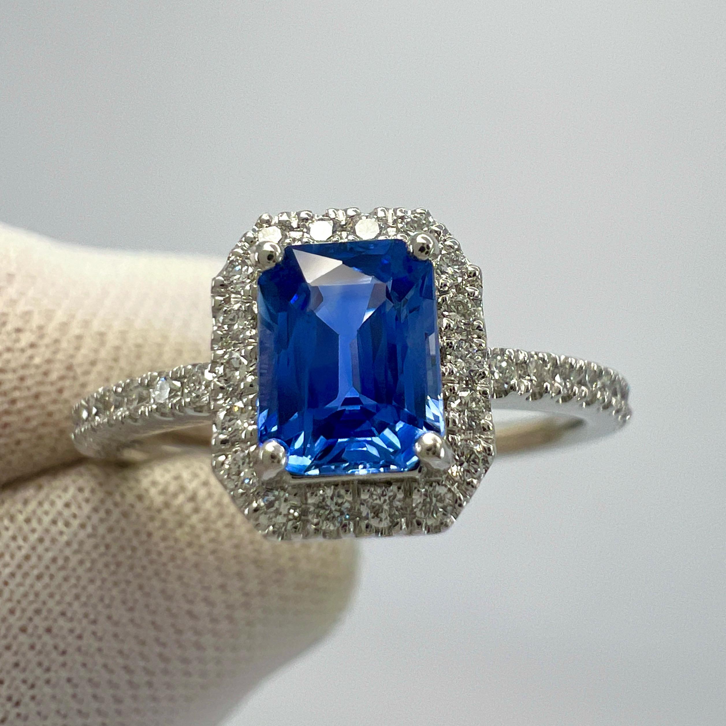 Certified Octagon Violet Blue Ceylon Sapphire & Diamond 18k White Gold Halo Ring For Sale 1