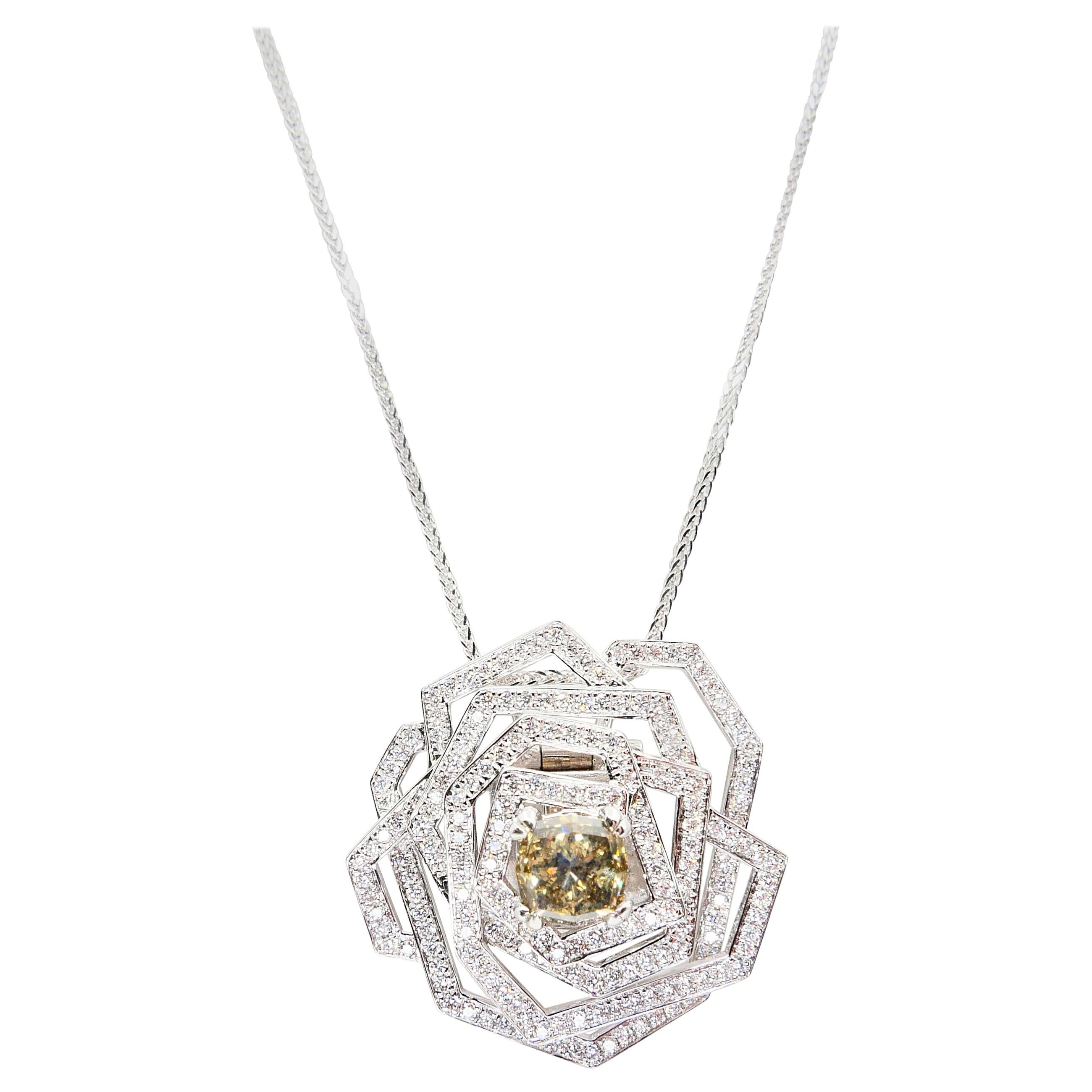 Octagon Cut Certified Octagonal Cognac Diamond 1.29 Carat Flower Pendant & Cocktail Ring