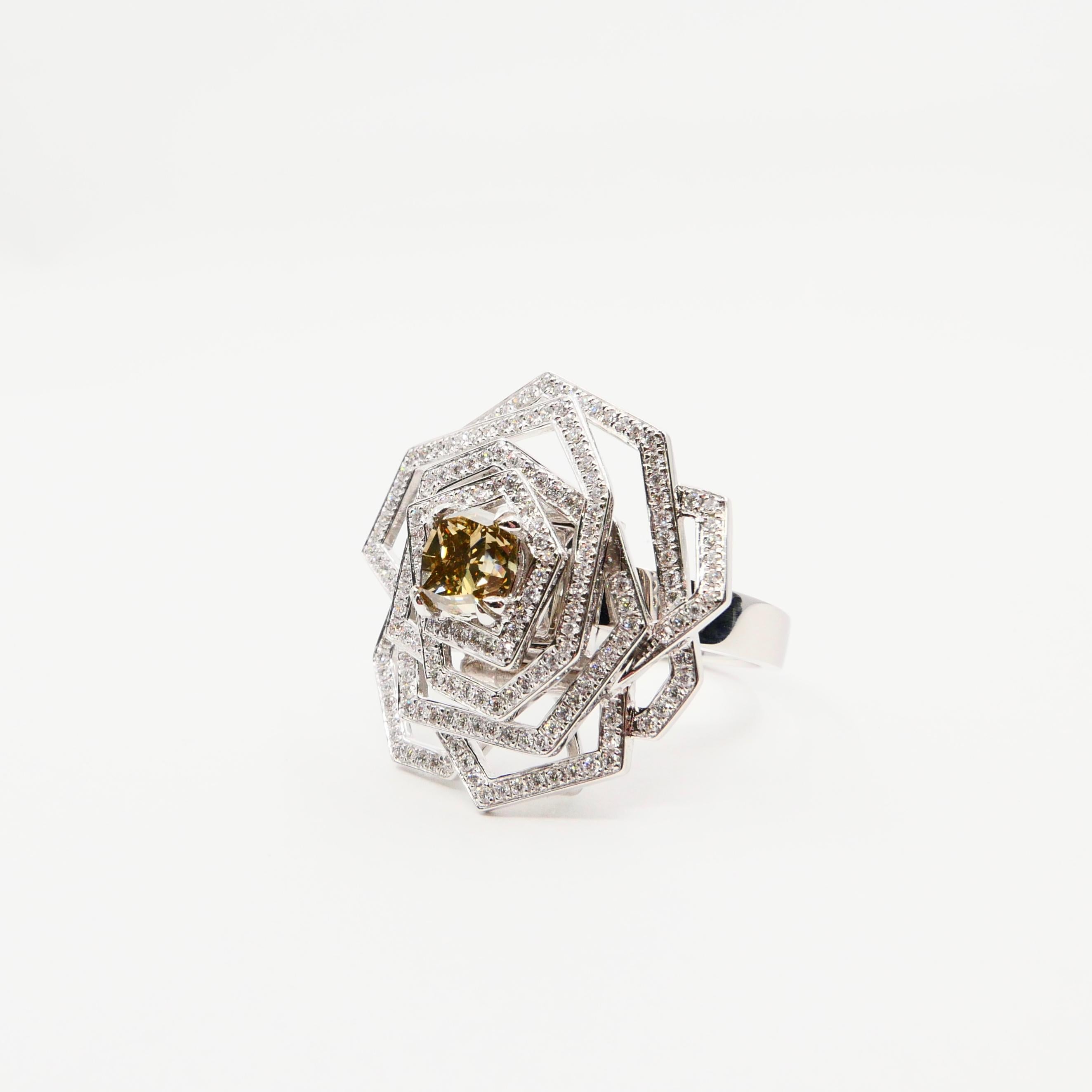 Certified Octagonal Cognac Diamond 1.29 Carat Flower Pendant & Cocktail Ring 1