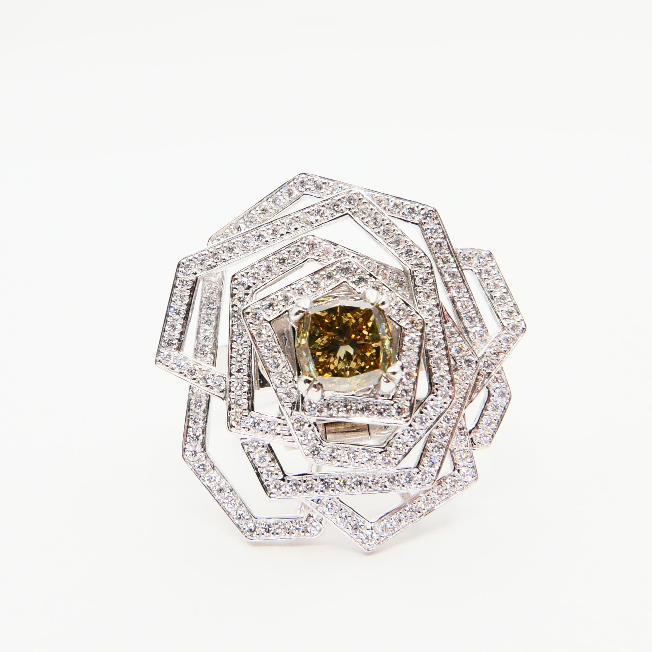 Certified Octagonal Cognac Diamond 1.29 Carat Flower Pendant & Cocktail Ring 2