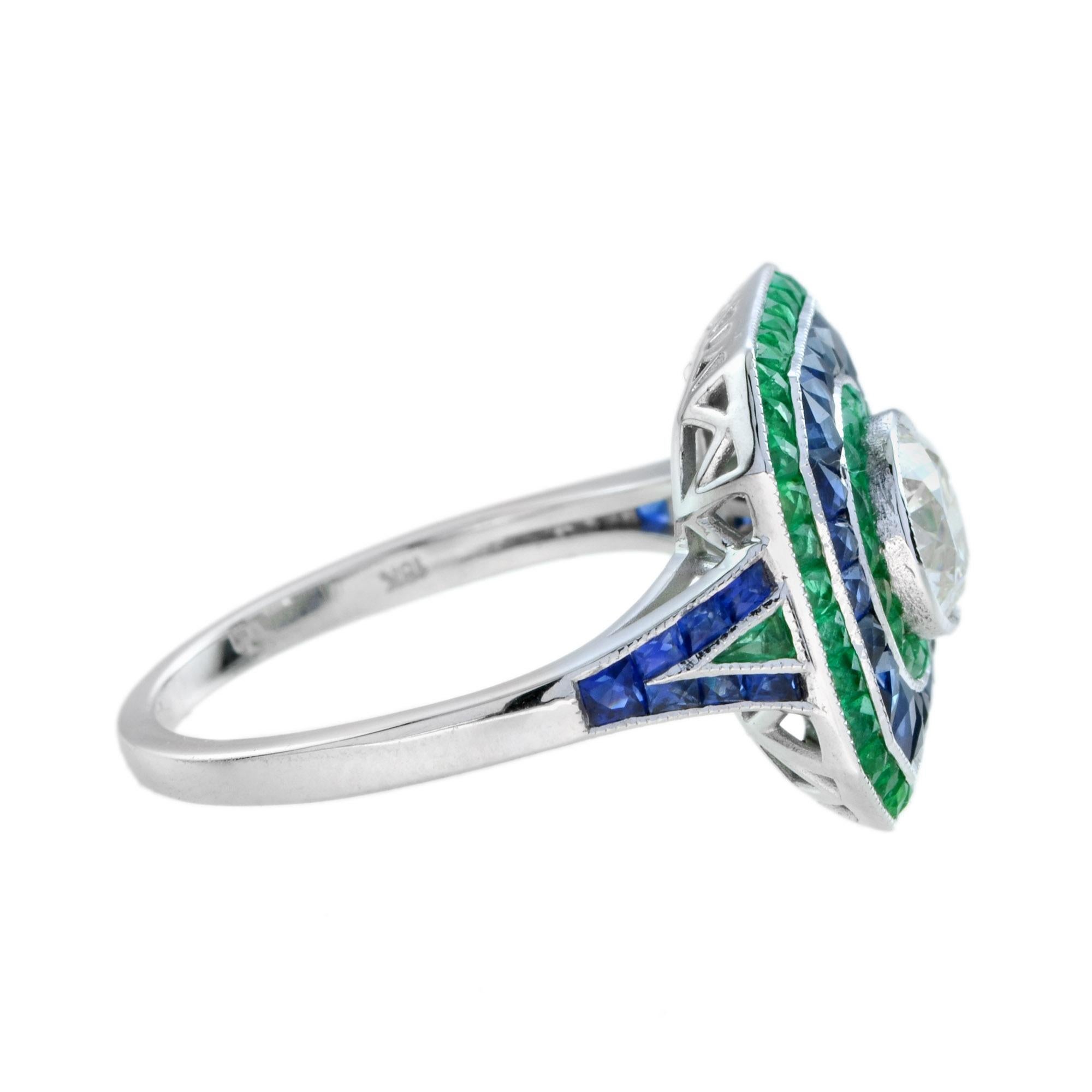 Art Deco GIA Certified Old Cut Diamond with Sapphire Emerald Engagement Ring in 18k Gold