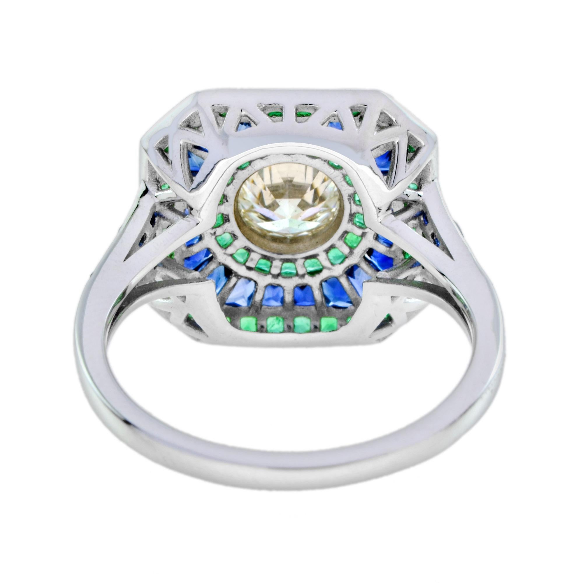 Round Cut GIA Certified Old Cut Diamond with Sapphire Emerald Engagement Ring in 18k Gold