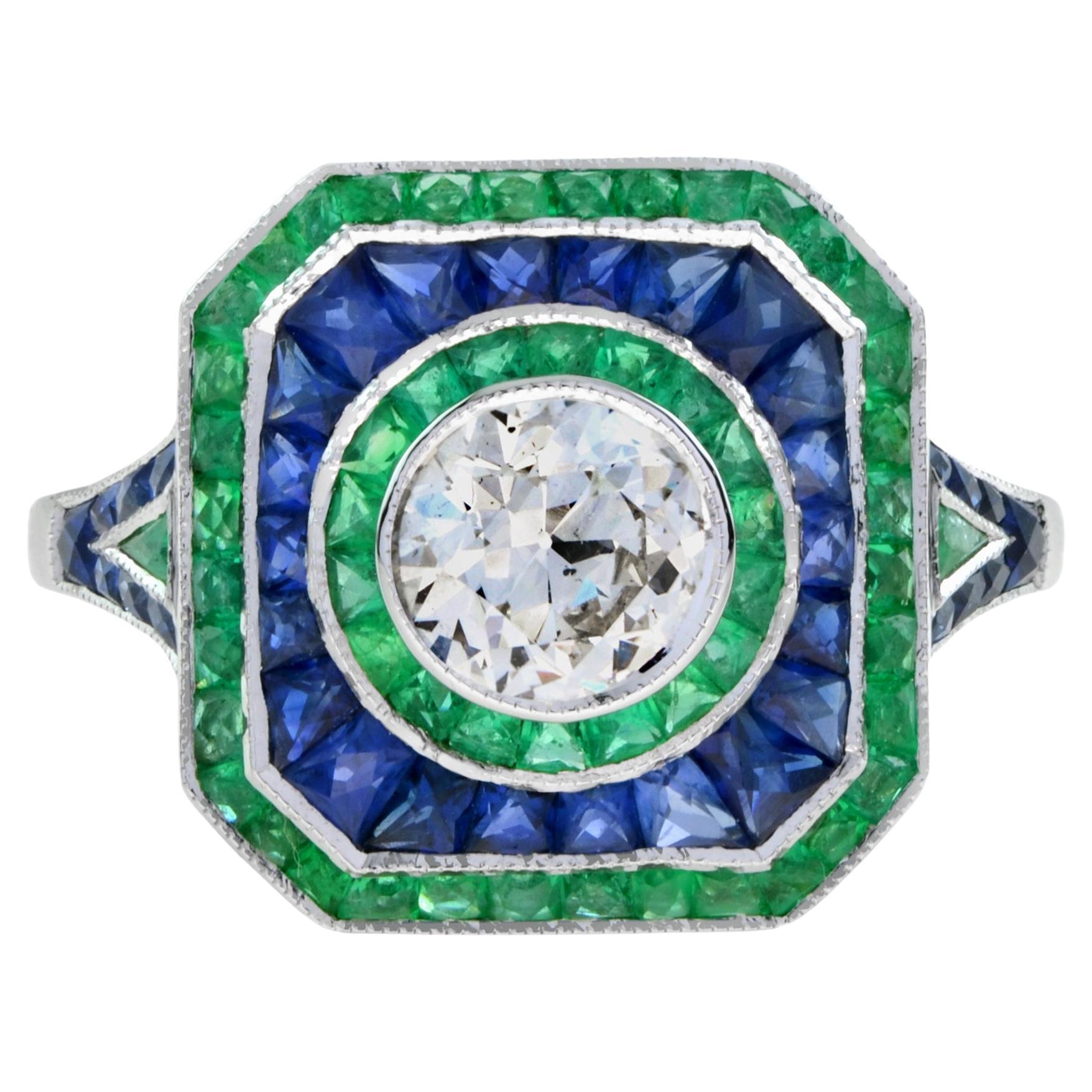 GIA Certified Old Cut Diamond with Sapphire Emerald Engagement Ring in 18k Gold